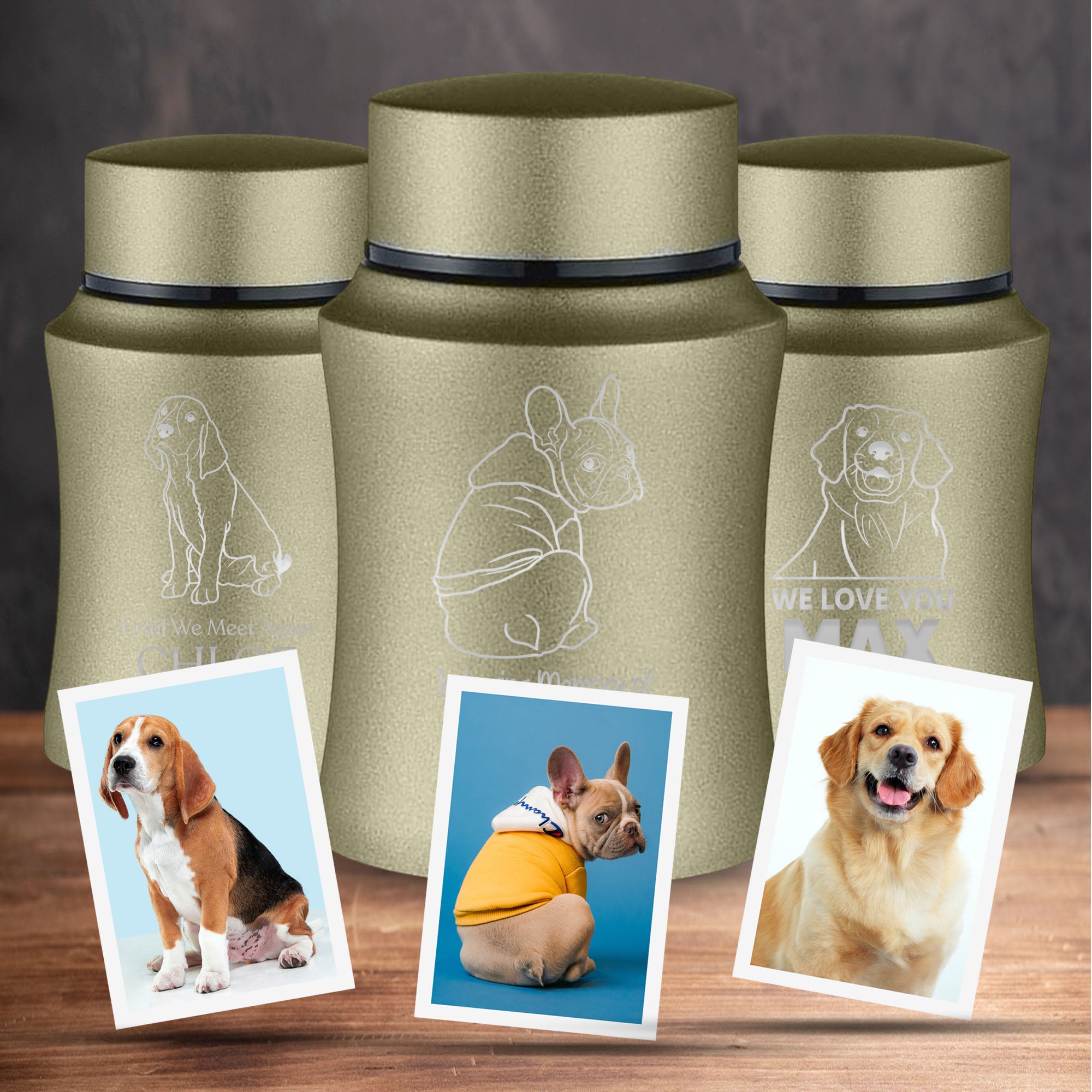 Custom Engraved Pet Photo/Image Pet Memorial Urn - Personalized with Pet Name, Date, and Dog Image - 4" Powder Coated Steel Cremation Mini Compact Urn for Dogs Ashes, Washed Gold | 5–10 Lbs Capacity