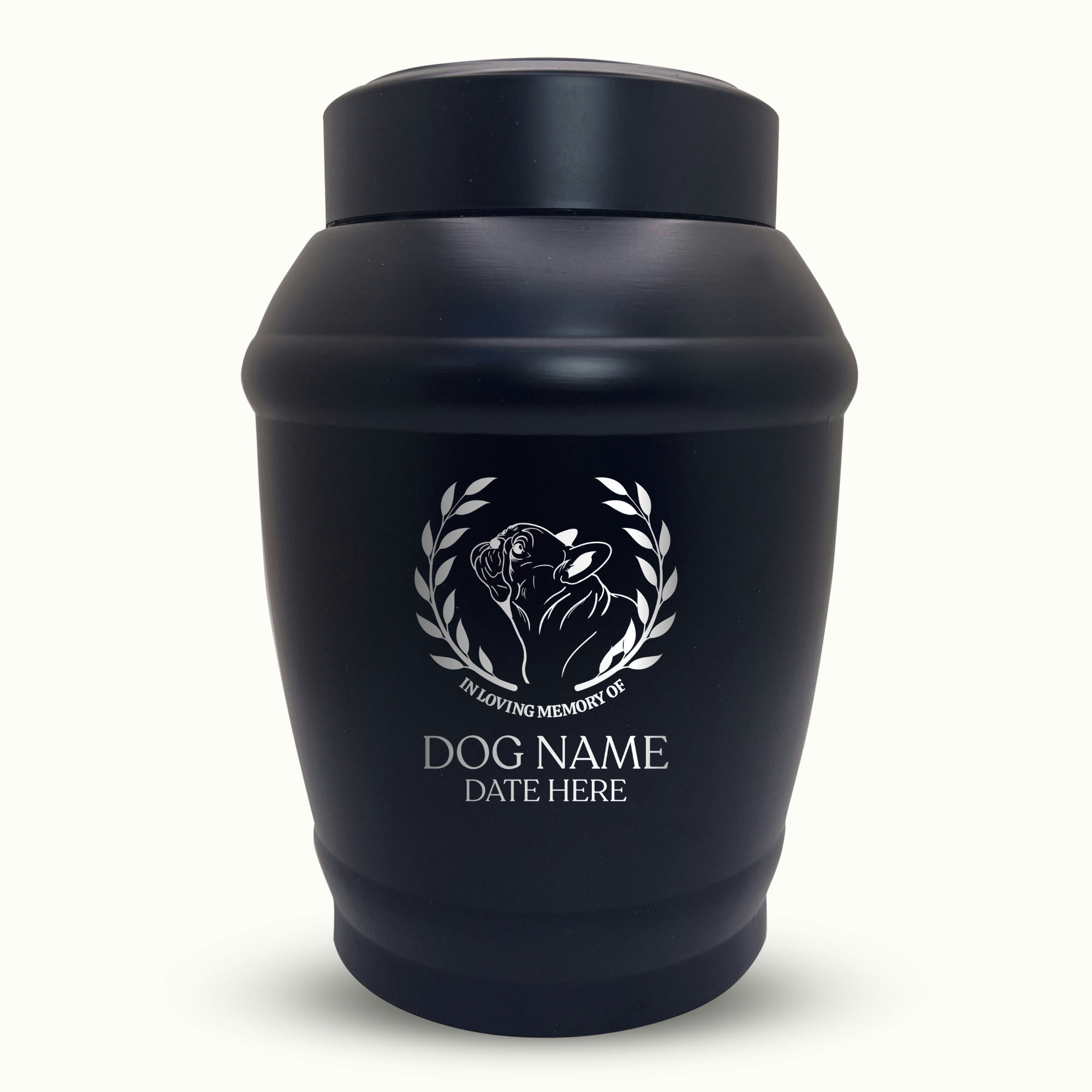 Custom Dog Urn - Standard Size - Stainless Steel - Black - 40 Cubic Inch | Dog Breed