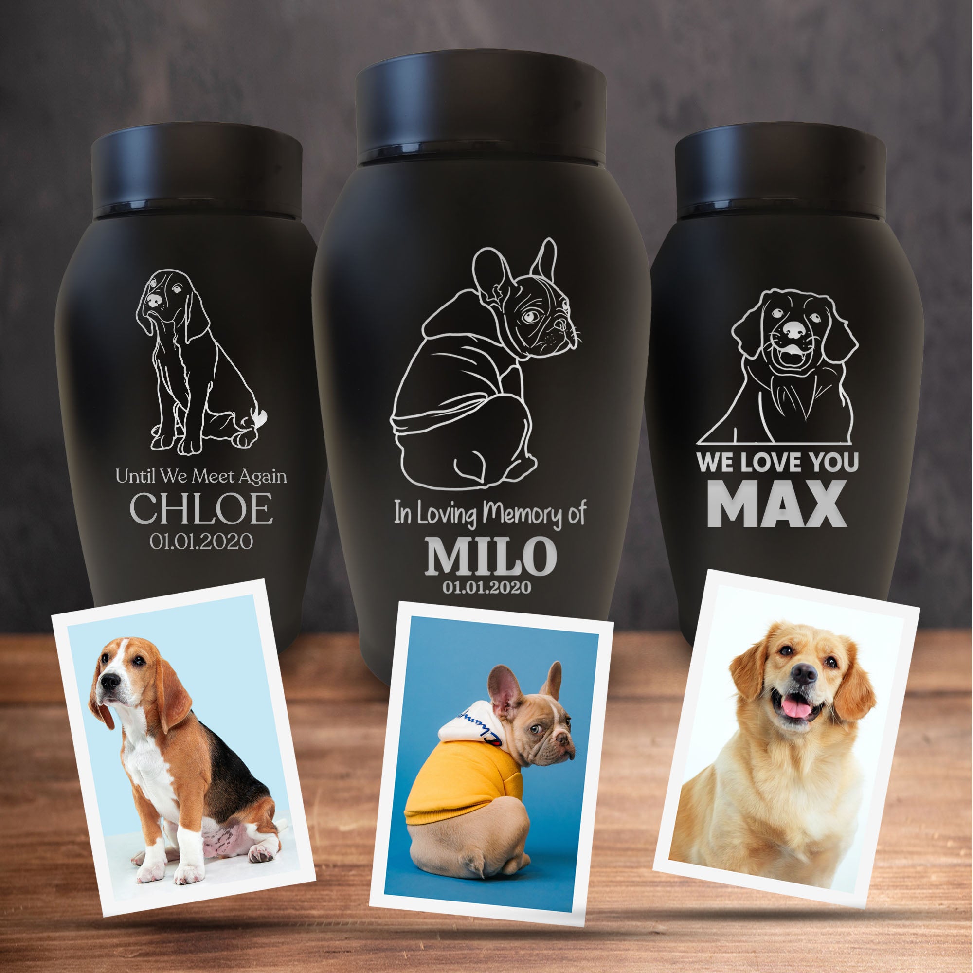 Custom Engraved Pet Memorial Urn: Personalized with Your Pet Photo/Image, Name, and Date - Stainless Steel Cremation Urns for Dogs Ashes with Airtight Closure, Up to 50 Lbs Capacity | Black, 7" x 5"