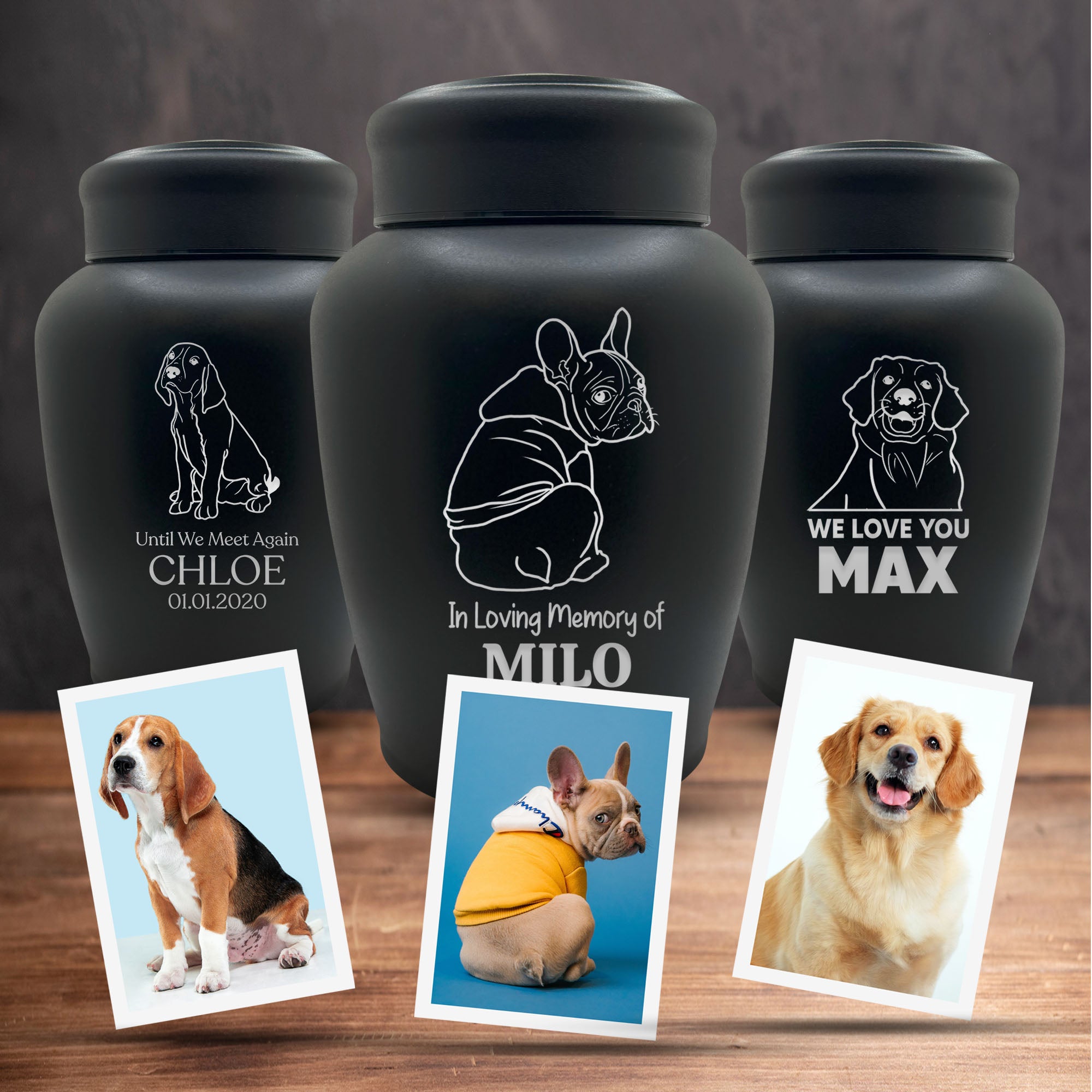 Custom Engraved Large Pet Memorial Dog Urn with Personalized Photo/Image - Large Powder Coated Steel Urns for Dogs Ashes, Pet Size Up to 150 lbs | Name, Date, and Text Engraving Included | Black