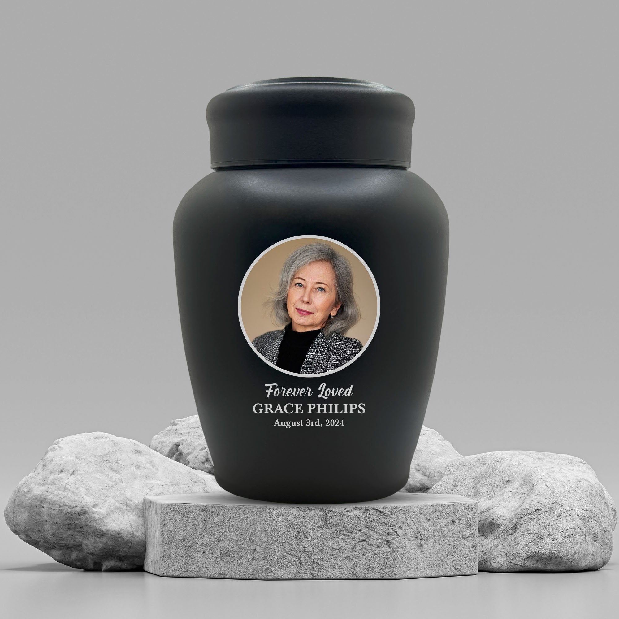 Personalized Custom Photo Human Cremation Urn for Adult Ashes Engraved Stainless Steel Urn Vessel with Full Color Photo | 8.2" x 6.5" Urn for Human Remains Up to 150 Lbs | Black