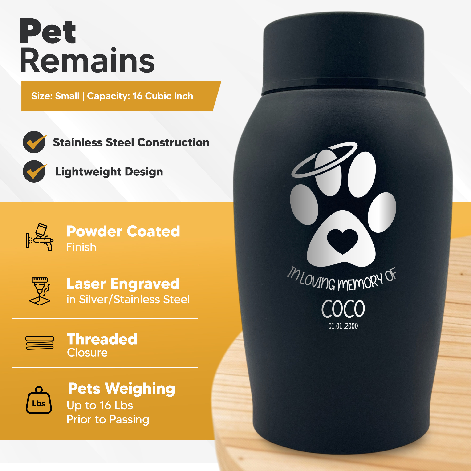 Small Cremation Urn for Pet Ashes Cremains Metal Pet Urn for Small Dog Breeds, 16 Cubic Inch | Human Bestfriend