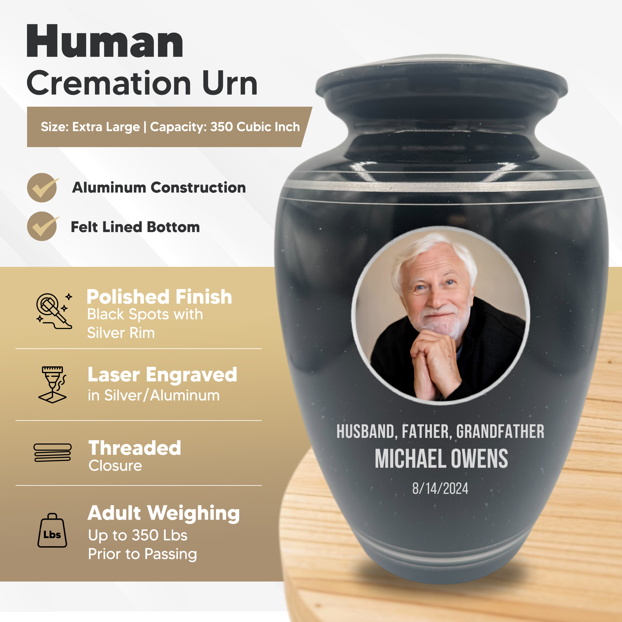 Extra Large Human Cremation Urn - 350 Cubic Inch - Black Spotted Finish with Silver Rim | Custom Photo