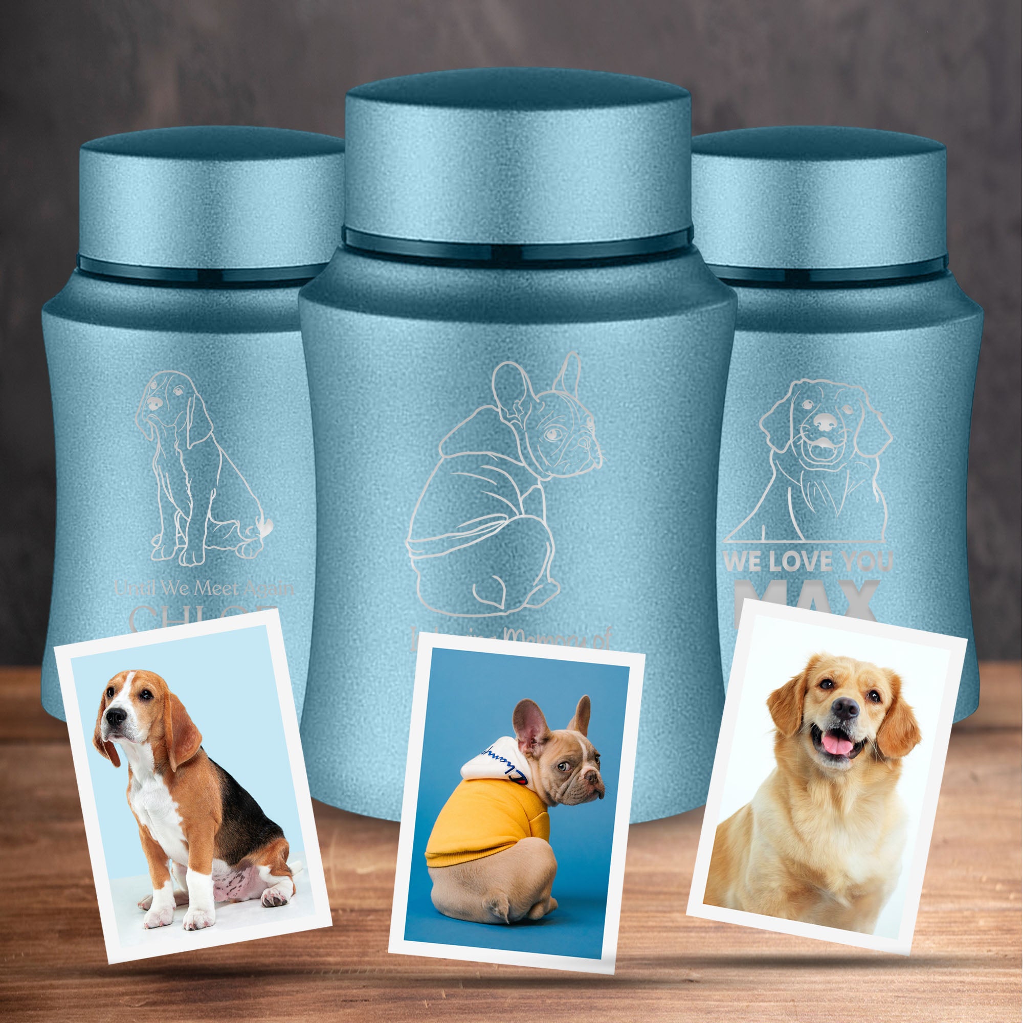 Custom Engraved Pet Photo/Image Pet Memorial Urn - Personalized with Pet Name, Date, and Dog Image - 4" Powder Coated Steel Cremation Mini Compact Urn for Dogs Ashes, Powder Blue | 5–10 Lbs Capacity