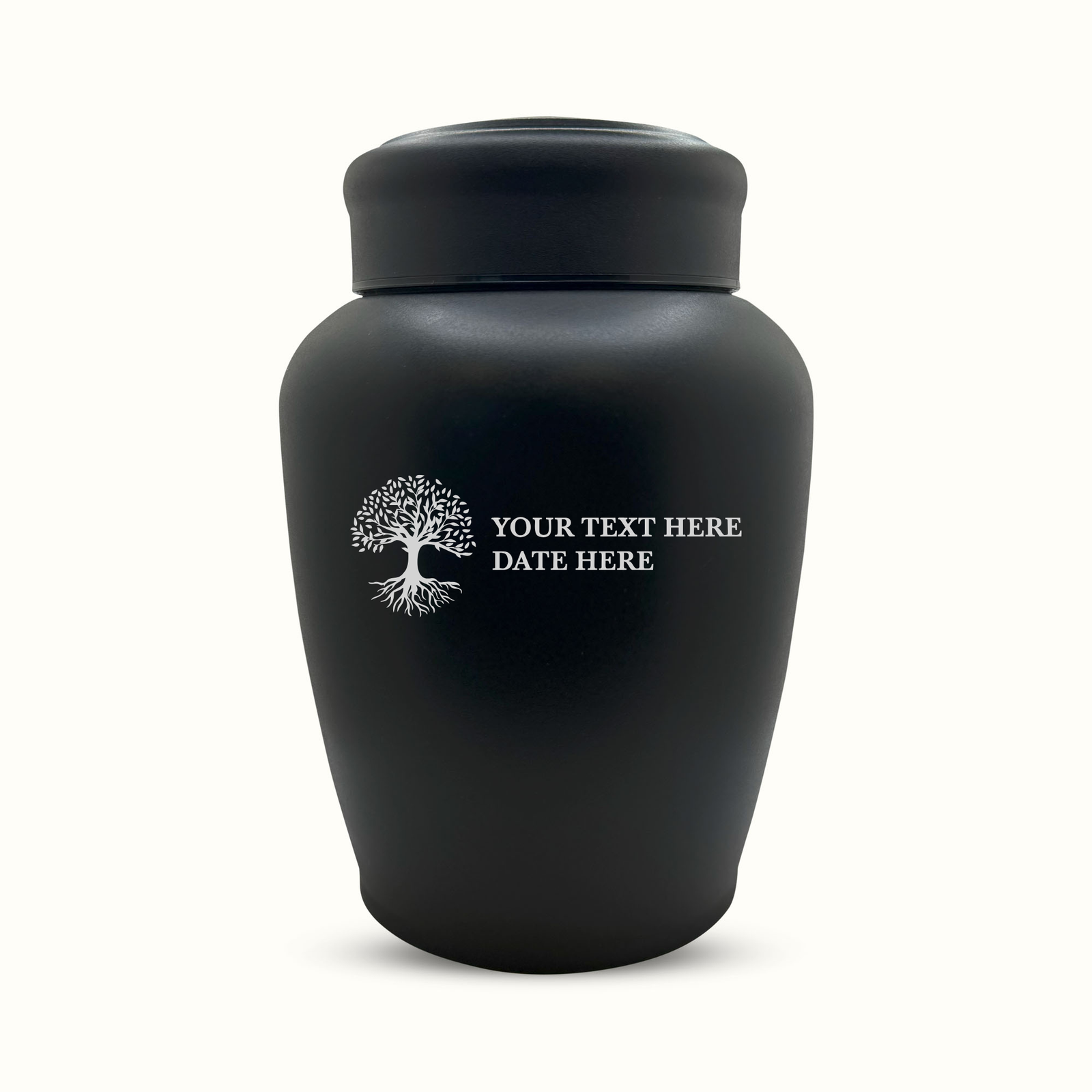 Classic Black Powder Coated Stainless Steel Human Cremation Urn – 150 Cubic Inch | Tree of Life