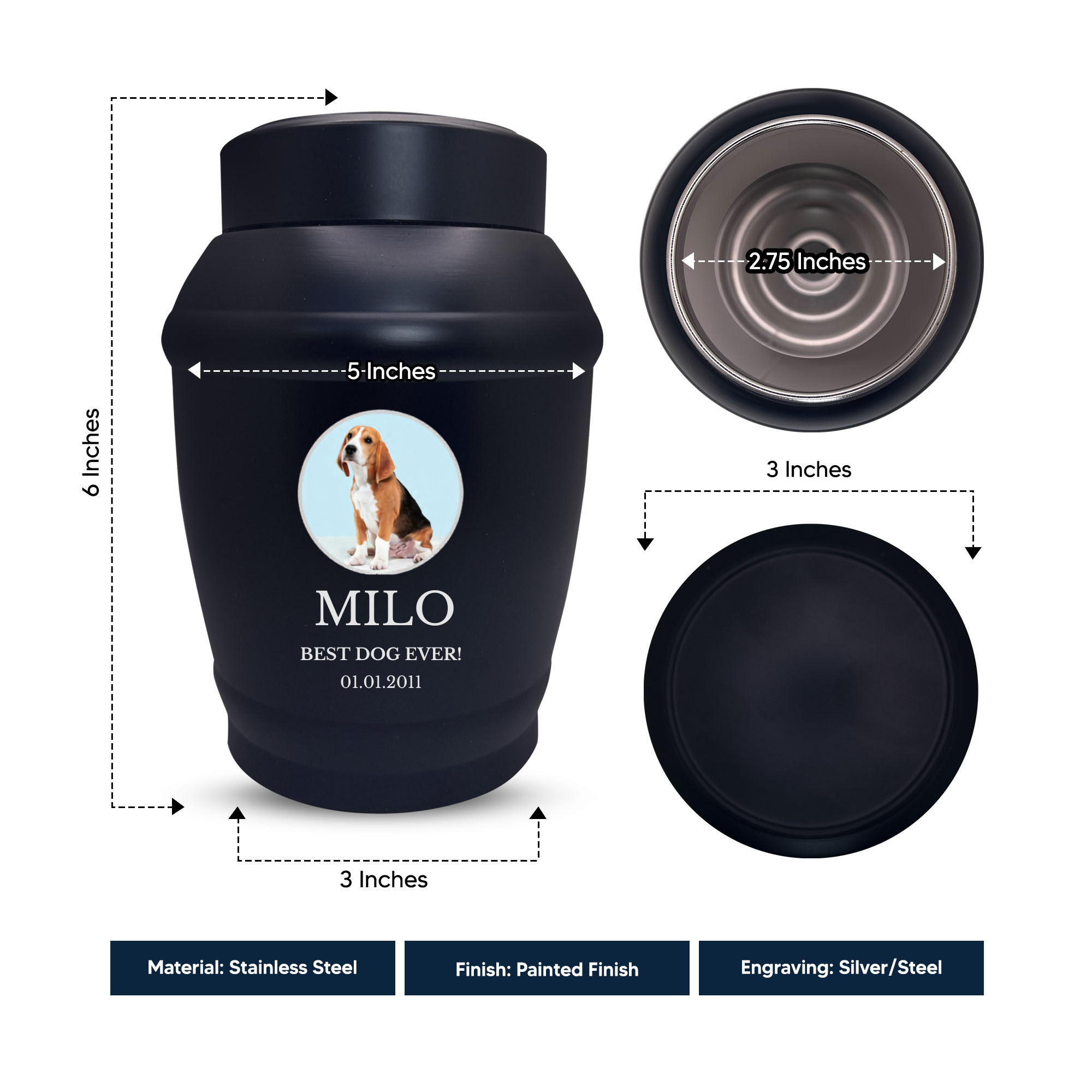 Custom Dog Urn - Standard Size - Stainless Steel - Black - 40 Cubic Inch | Custom Photo