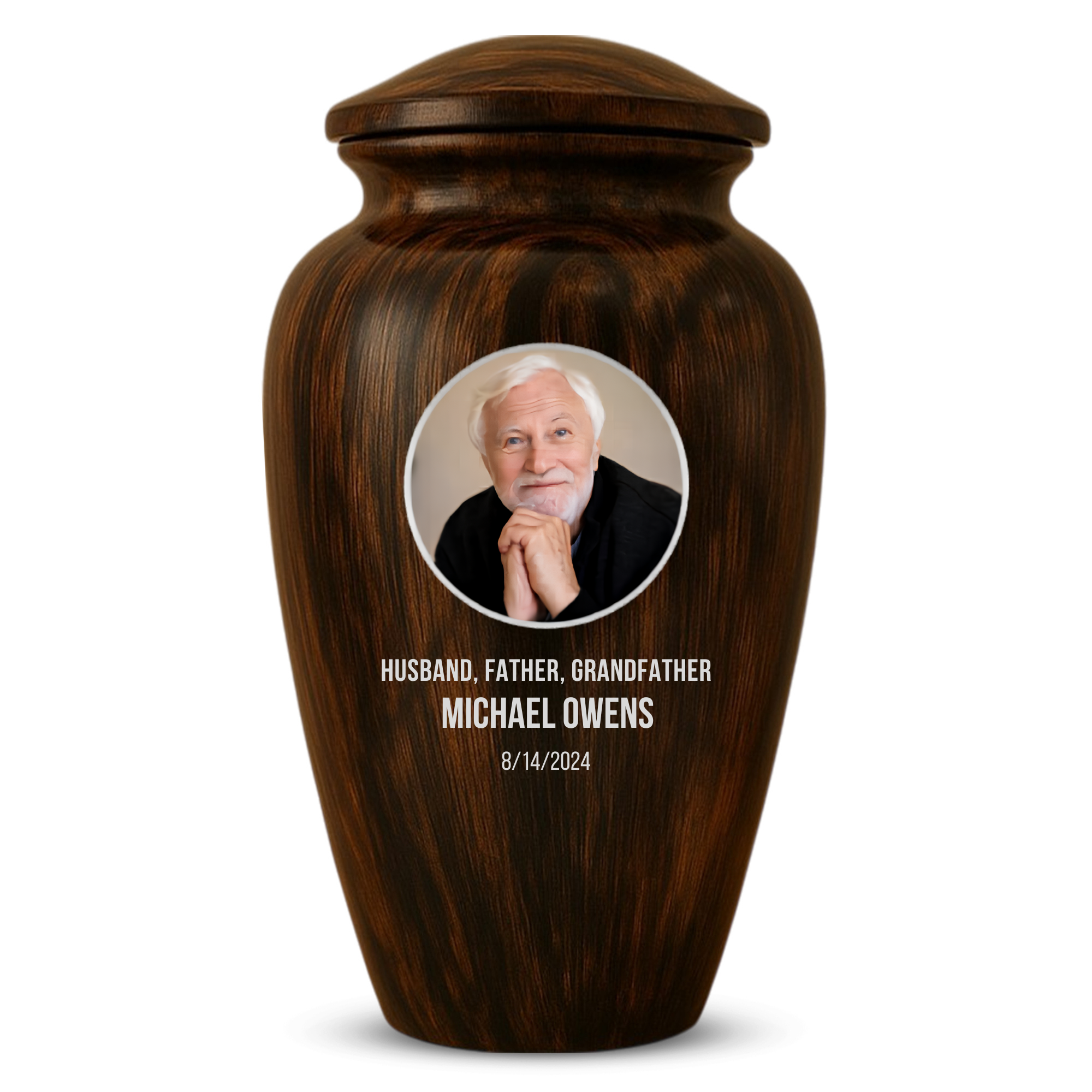 Human Cremation Urn - 200 Cubic Inch - Ingrained Wood Style Finish | Custom Photo