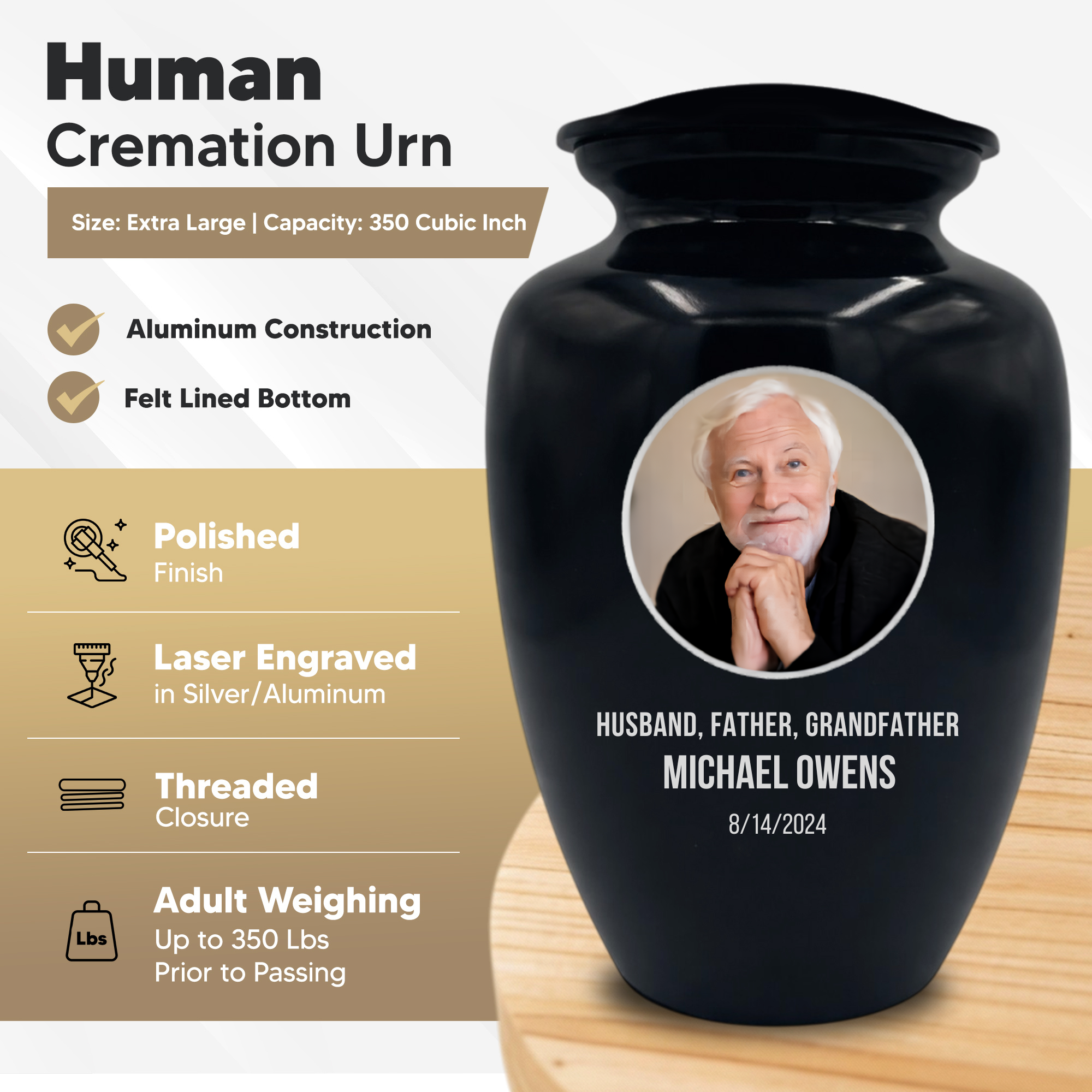 Polished Extra Large Human Cremation Urn 350 Cubic Inch - Engraved Aluminum | Custom Photo