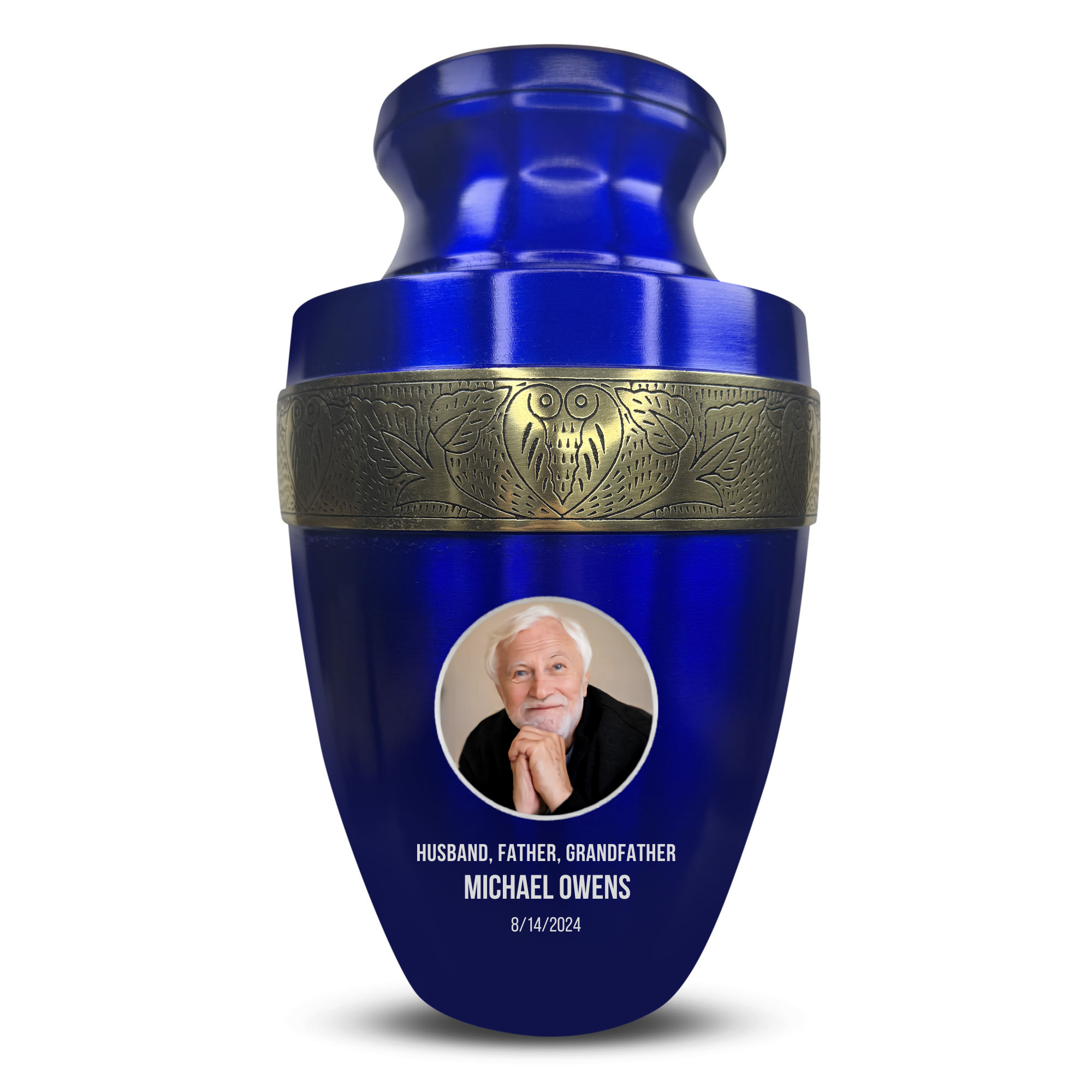 Elite Human Cremation Urn - 200 Cubic Inch - Aluminum with Gold Inlay | Custom Photo