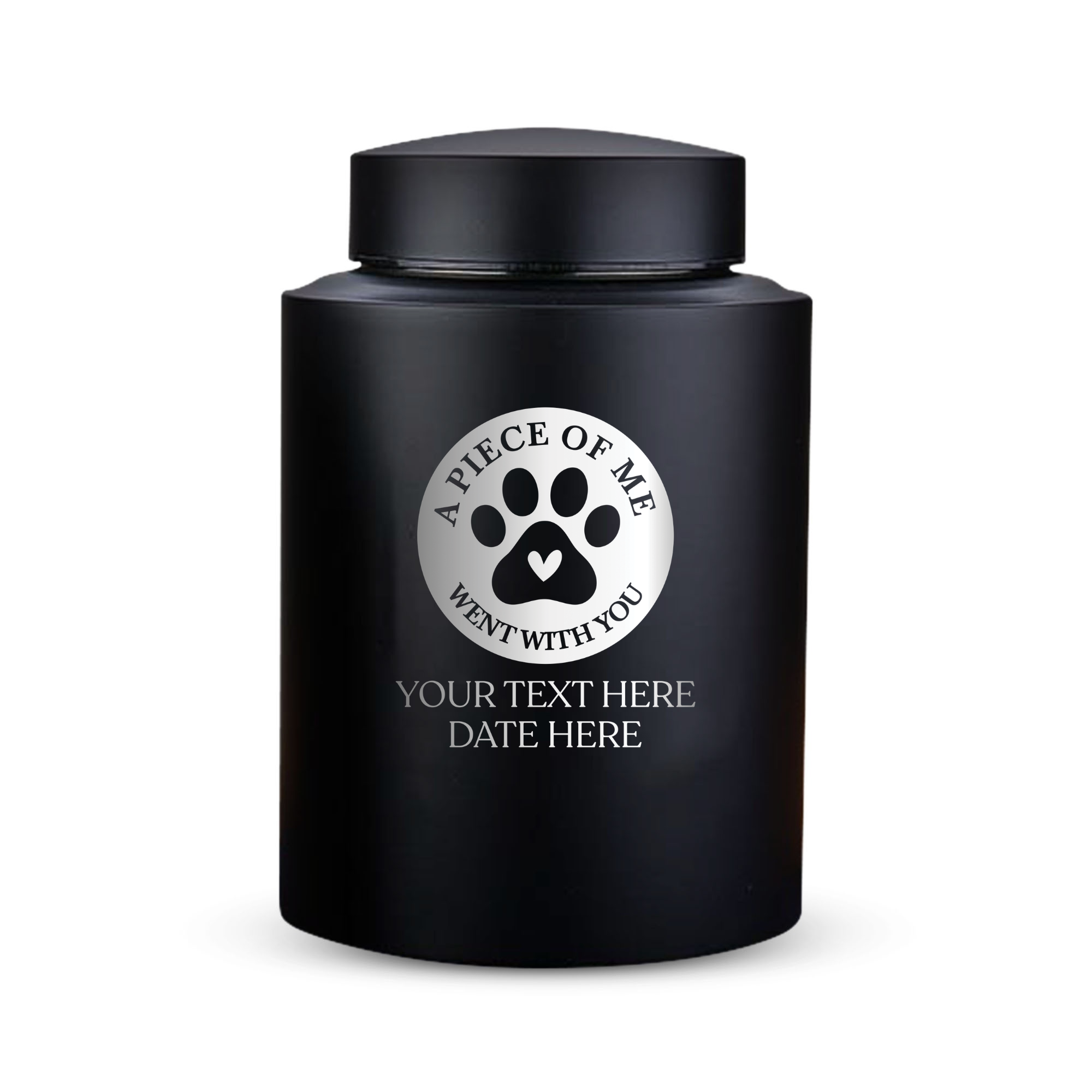 Custom Cat Round Urn - Large Size - Stainless Steel - Black Powder Coated Finish - 115 Cubic Inch | Classic Cat Memorial