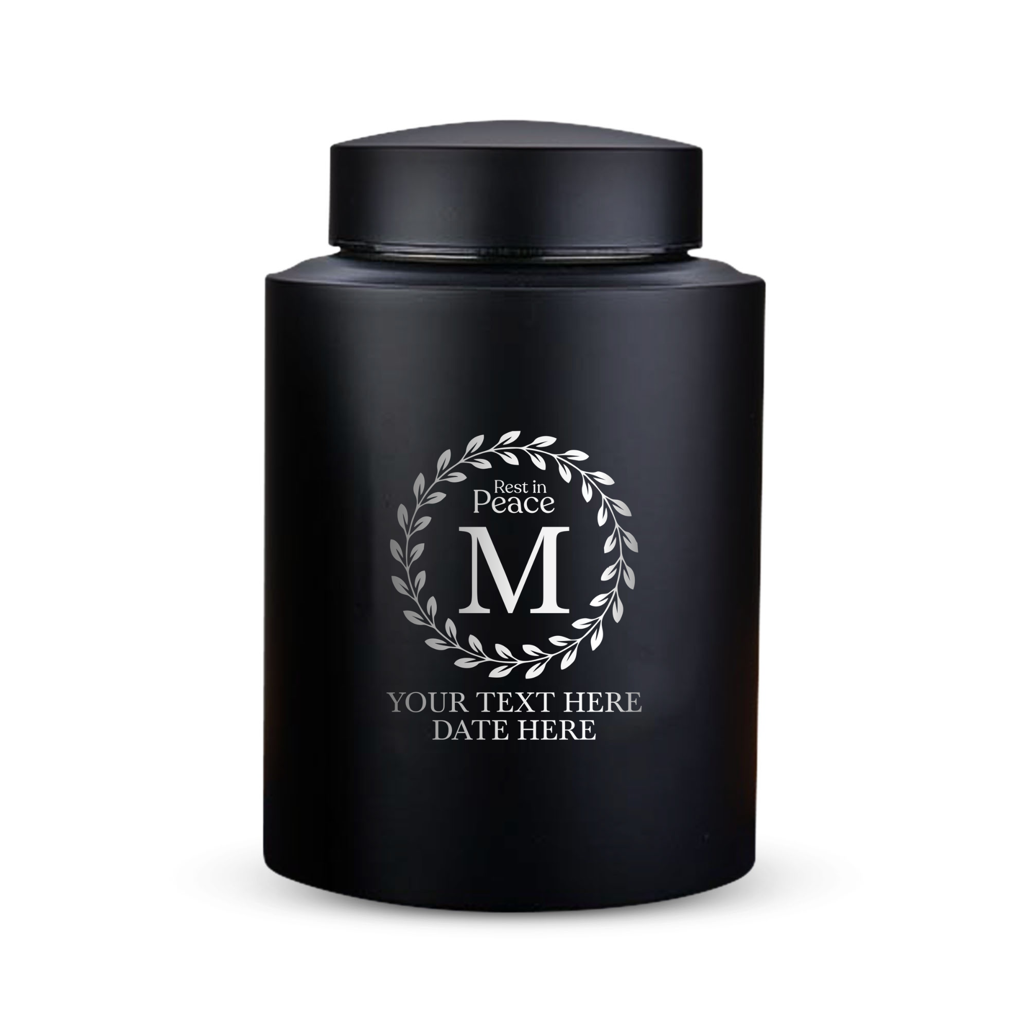 Custom Cat Round Urn - Medium Size - Stainless Steel - Black Powder Coated Finish - 50 Cubic Inch | Cat Monogram