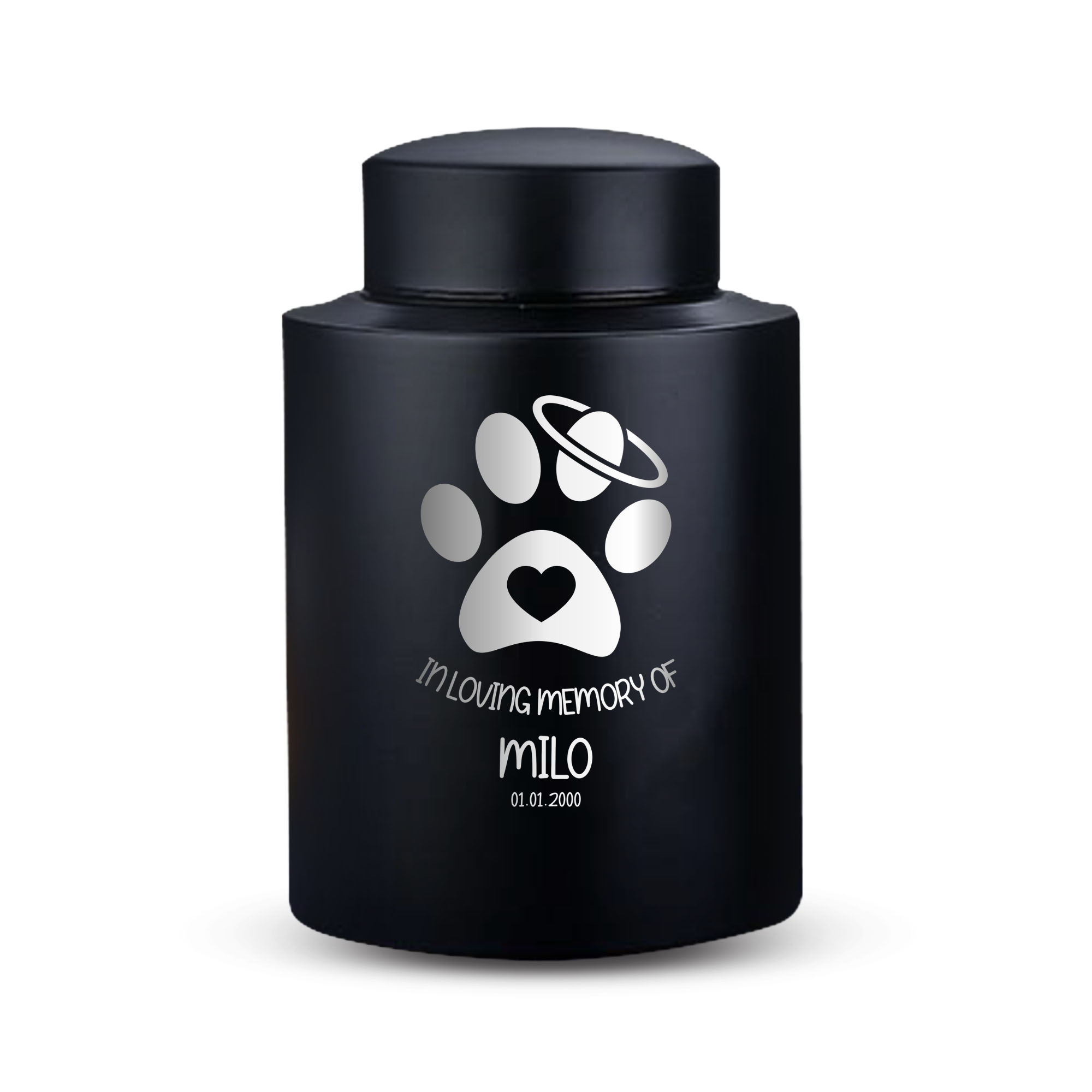 Custom Cat Round Urn - Medium Size - Stainless Steel - Black Powder Coated Finish - 50 Cubic Inch | Classic Cat Memorial