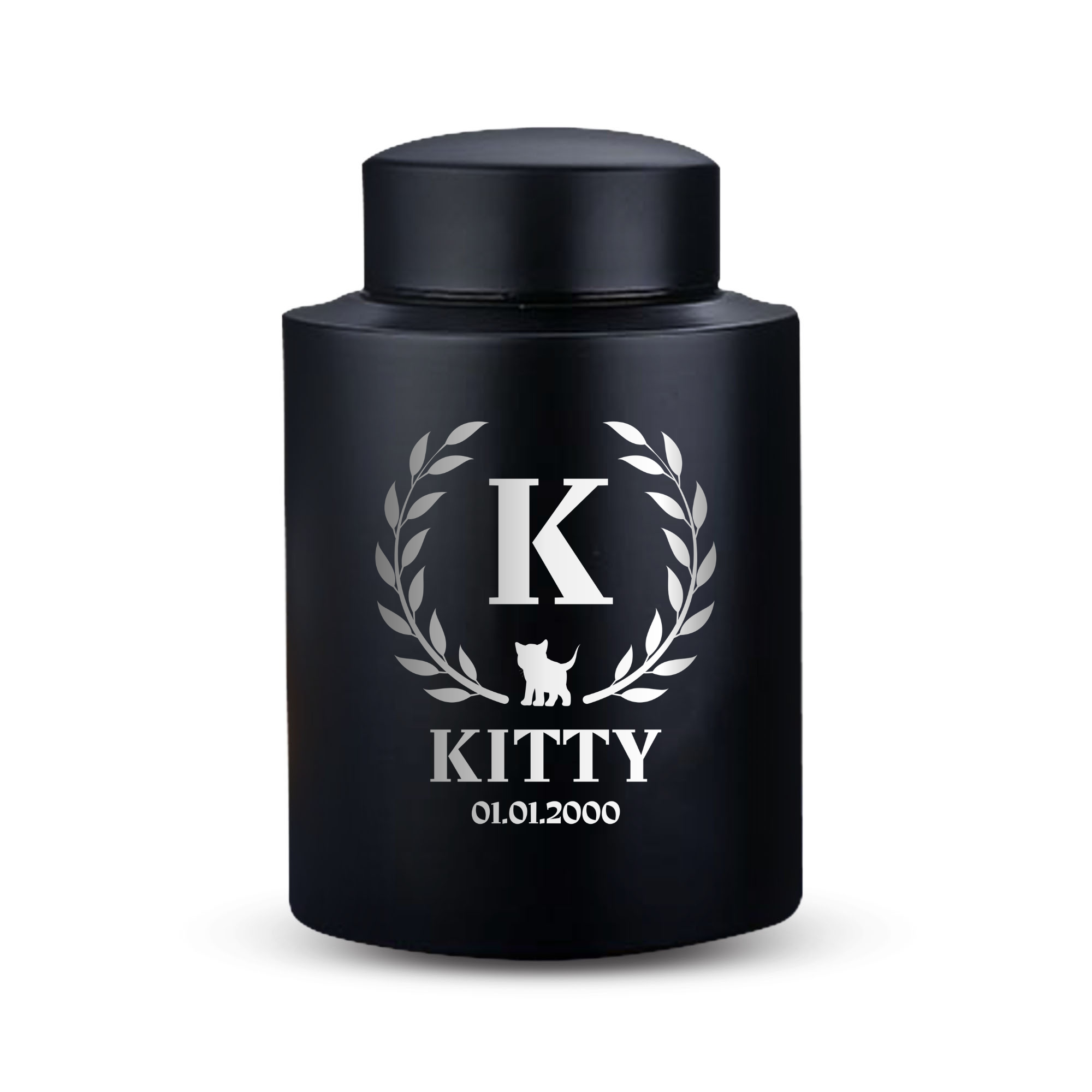 Custom Cat Round Urn - Medium Size - Stainless Steel - Black Powder Coated Finish - 115 Cubic Inch | Cat Monogram