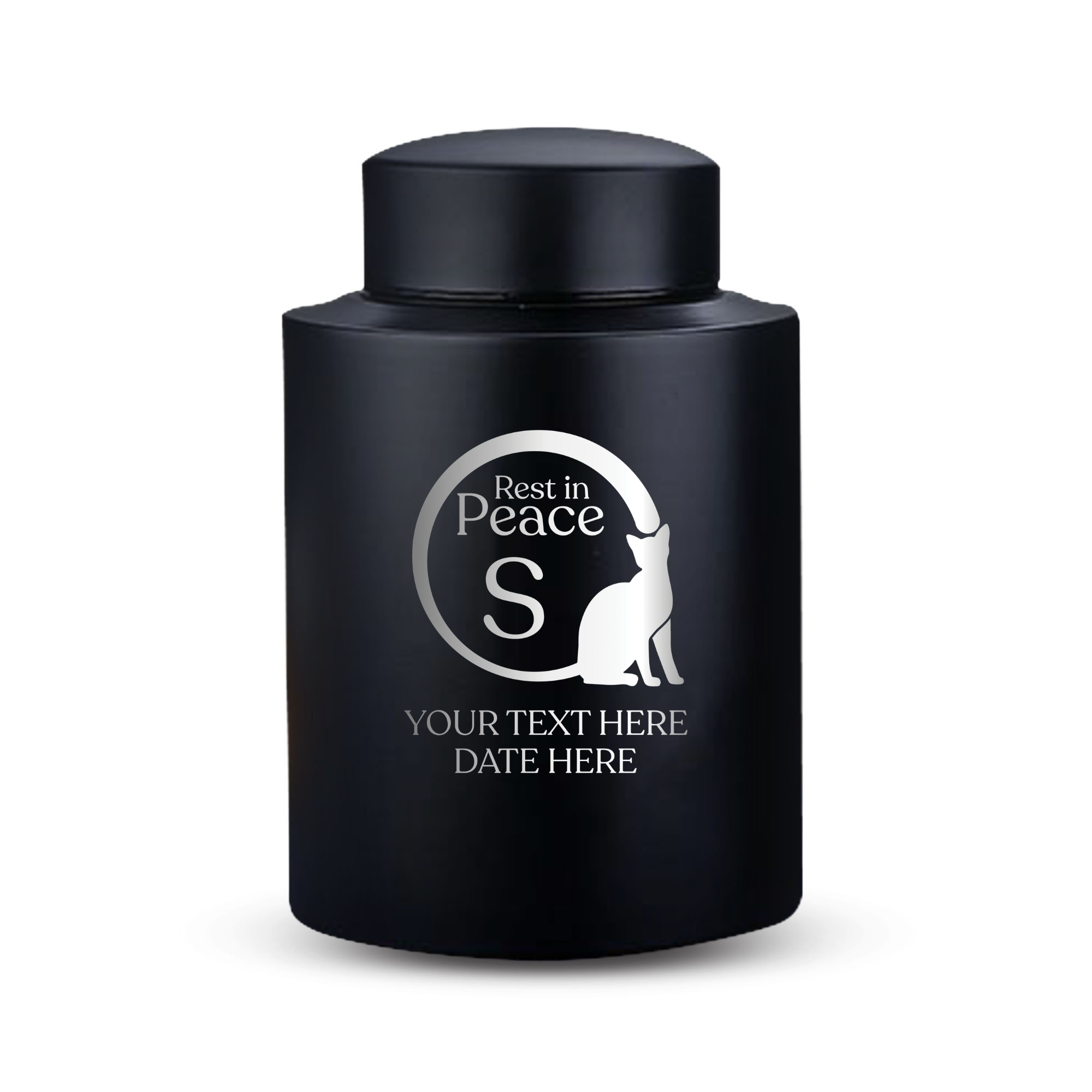 Custom Cat Round Urn - Medium Size - Stainless Steel - Black Powder Coated Finish - 50 Cubic Inch | Cat Memorial