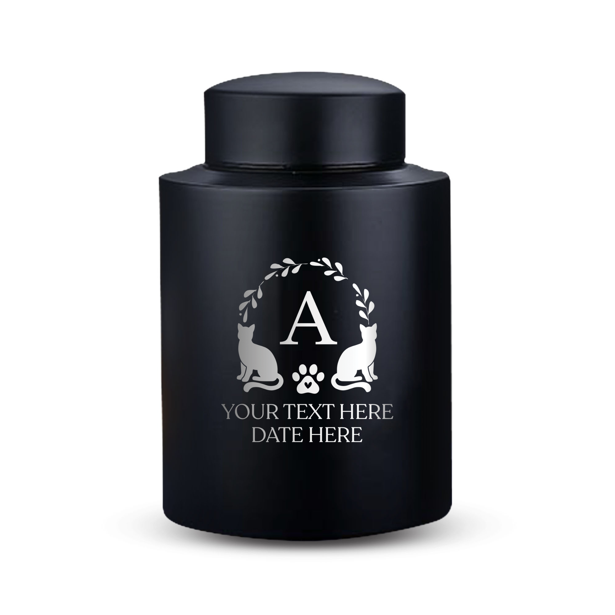 Custom Cat Round Urn - Medium Size - Stainless Steel - Black Powder Coated Finish - 115 Cubic Inch | Cat Monogram