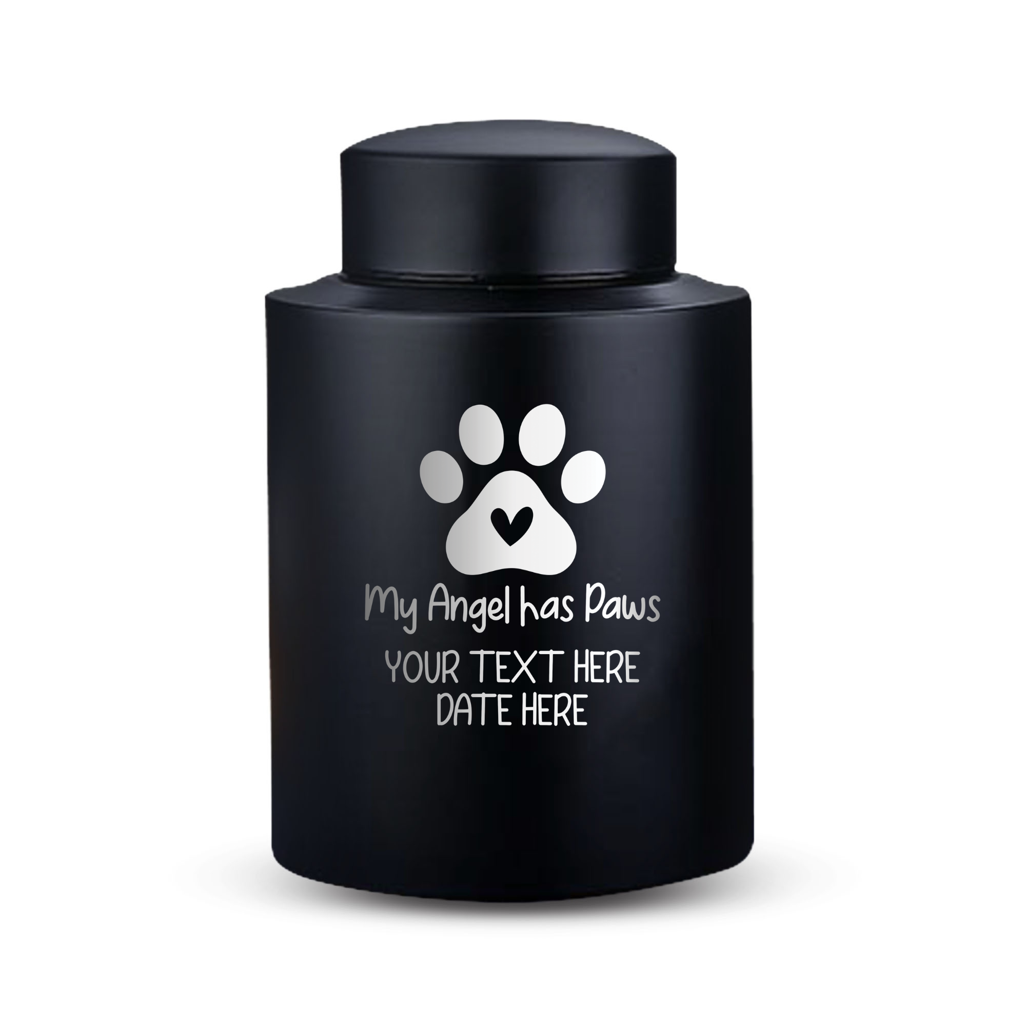 Custom Cat Round Urn - Medium Size - Stainless Steel - Black Powder Coated Finish - 50 Cubic Inch | Classic Cat Memorial