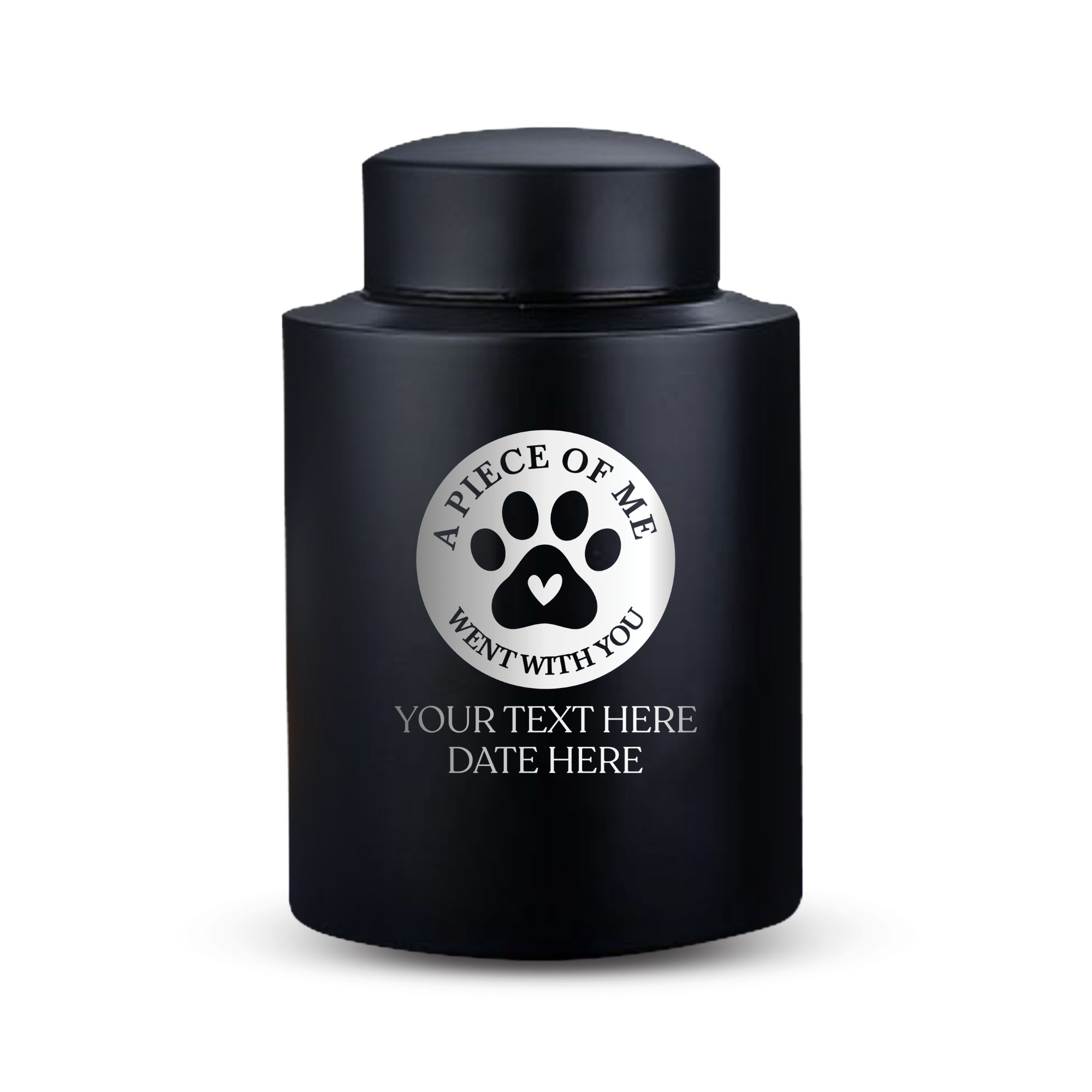 Custom Cat Round Urn - Medium Size - Stainless Steel - Black Powder Coated Finish - 50 Cubic Inch | Classic Cat Memorial