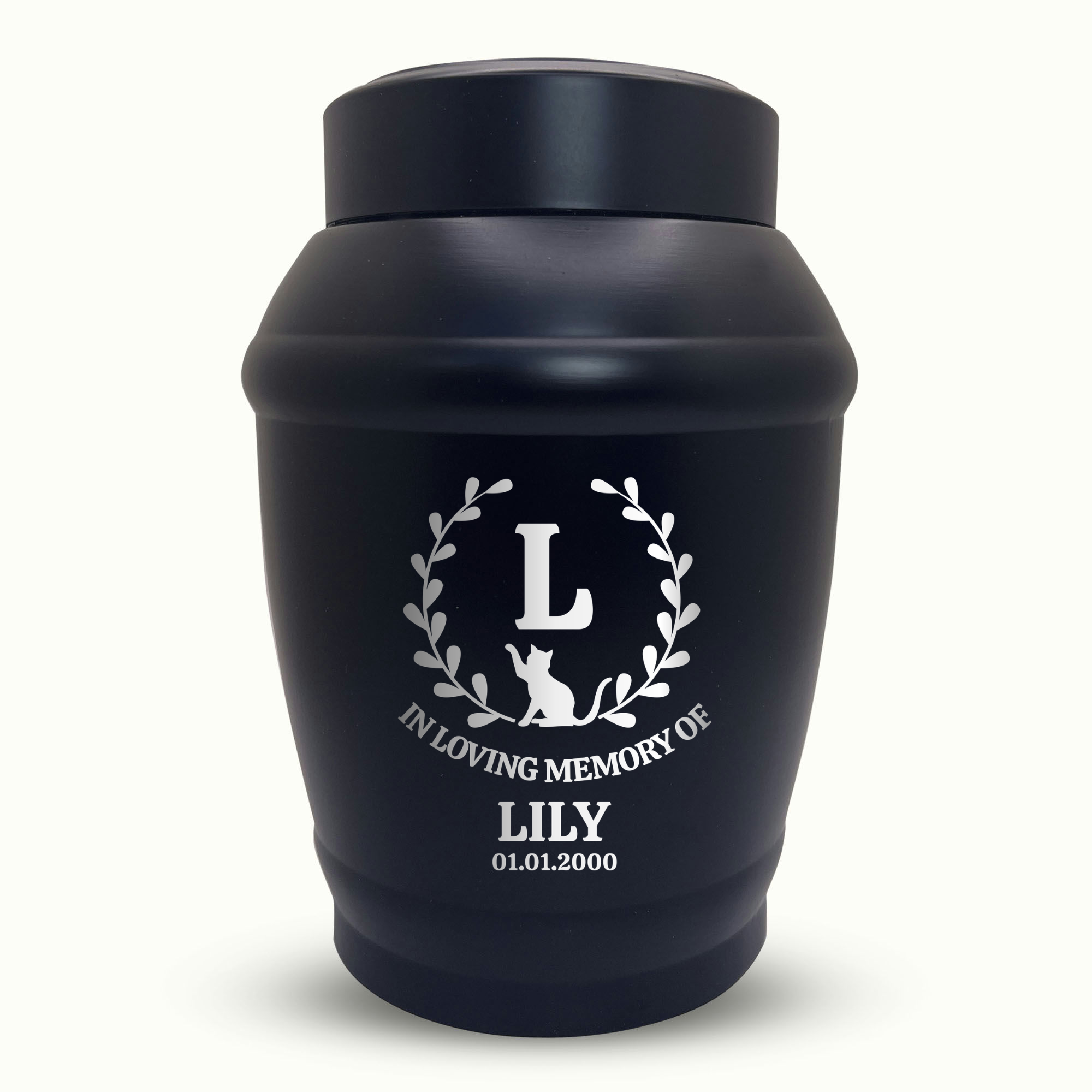 Custom Cat Urn - Standard Size - Stainless Steel - Black - 40 Cubic Inch | Cat Monogram