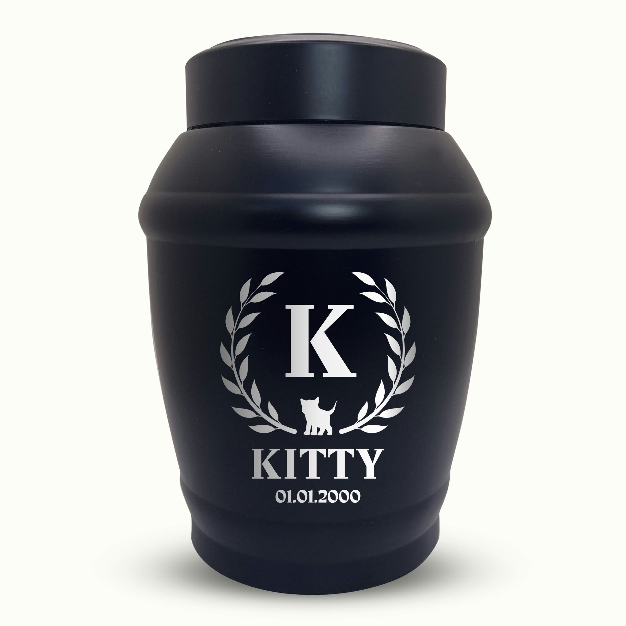 Custom Cat Urn - Standard Size - Stainless Steel - Black - 40 Cubic Inch | Cat Monogram