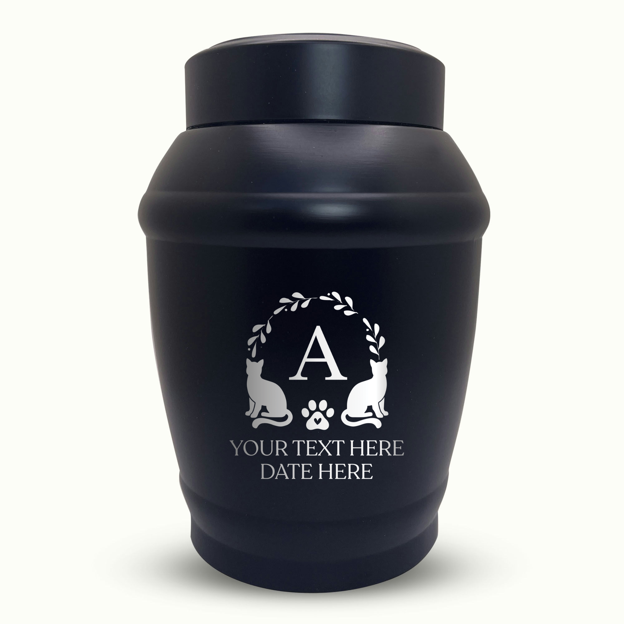 Custom Cat Urn - Standard Size - Stainless Steel - Black - 40 Cubic Inch | Cat Monogram