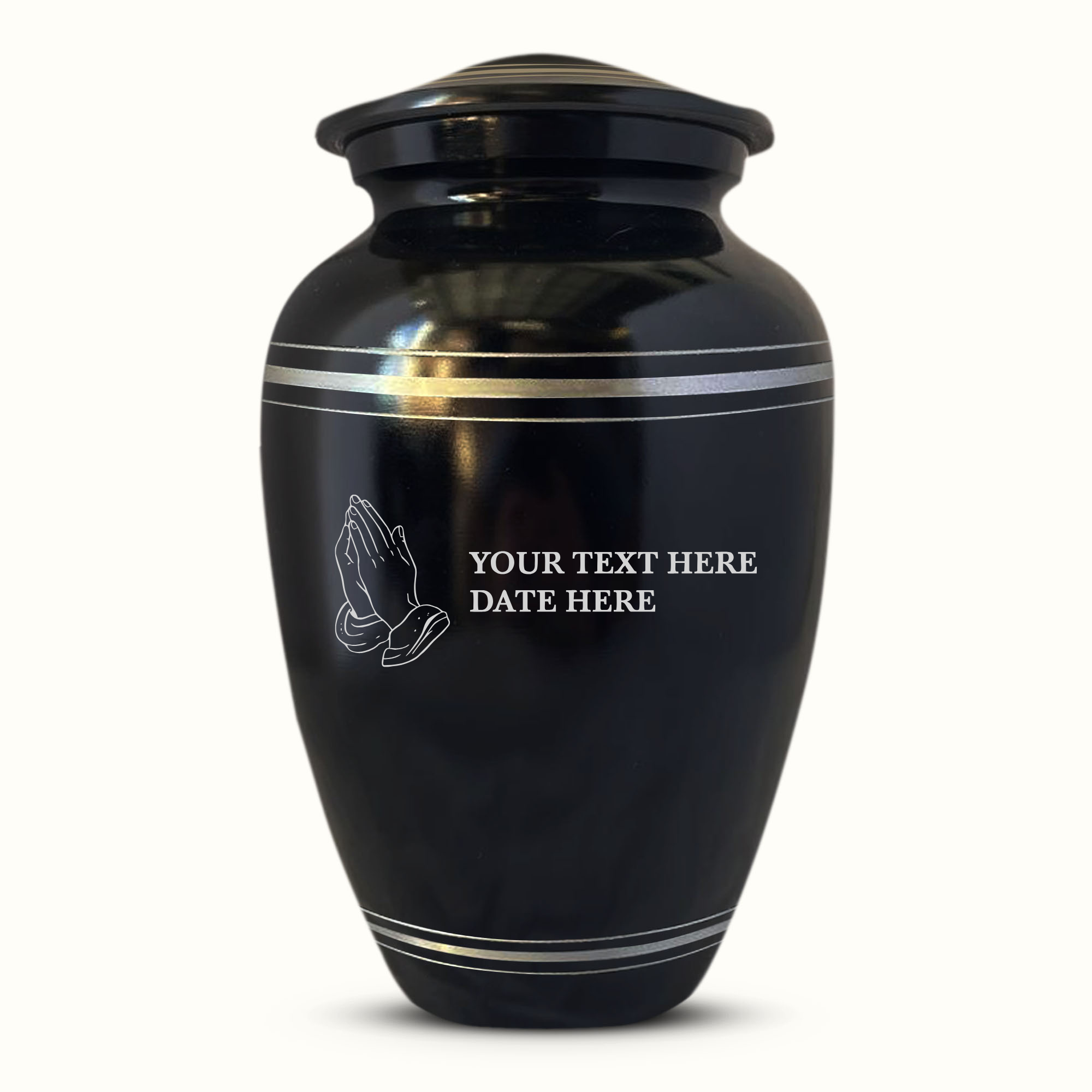Polished Aluminum with Silver Rim Human Cremation Urn – 200 Cubic Inch | Praying Hand