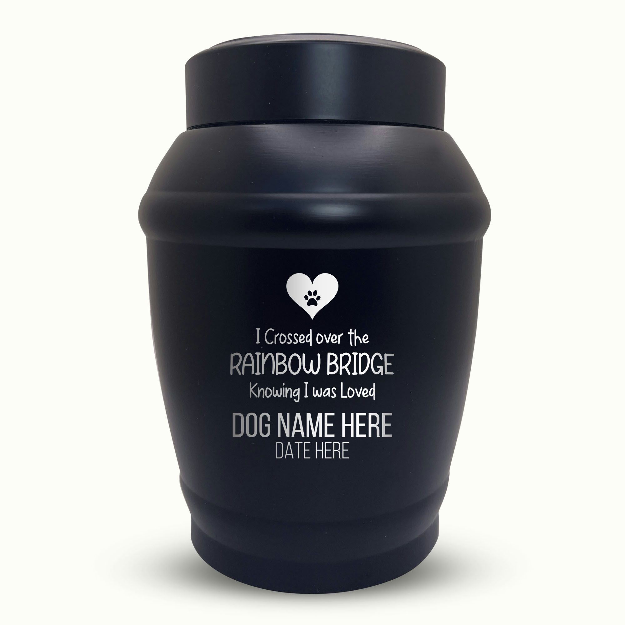 Custom Dog Urn - Standard Size - Stainless Steel - Black - 40 Cubic Inch | Memorial Theme