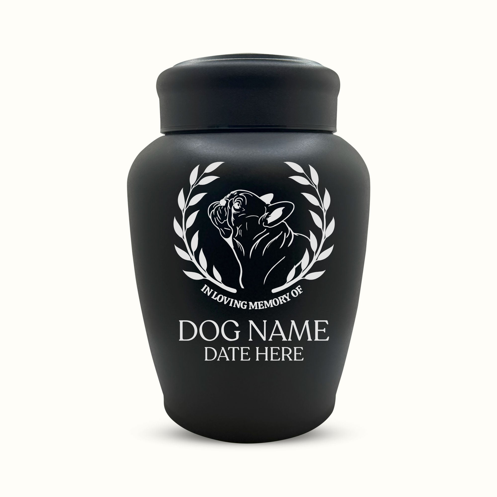 Large Custom Dog Urn – 150 Cubic Inch – Black Stainless Steel | Dog Breed Design