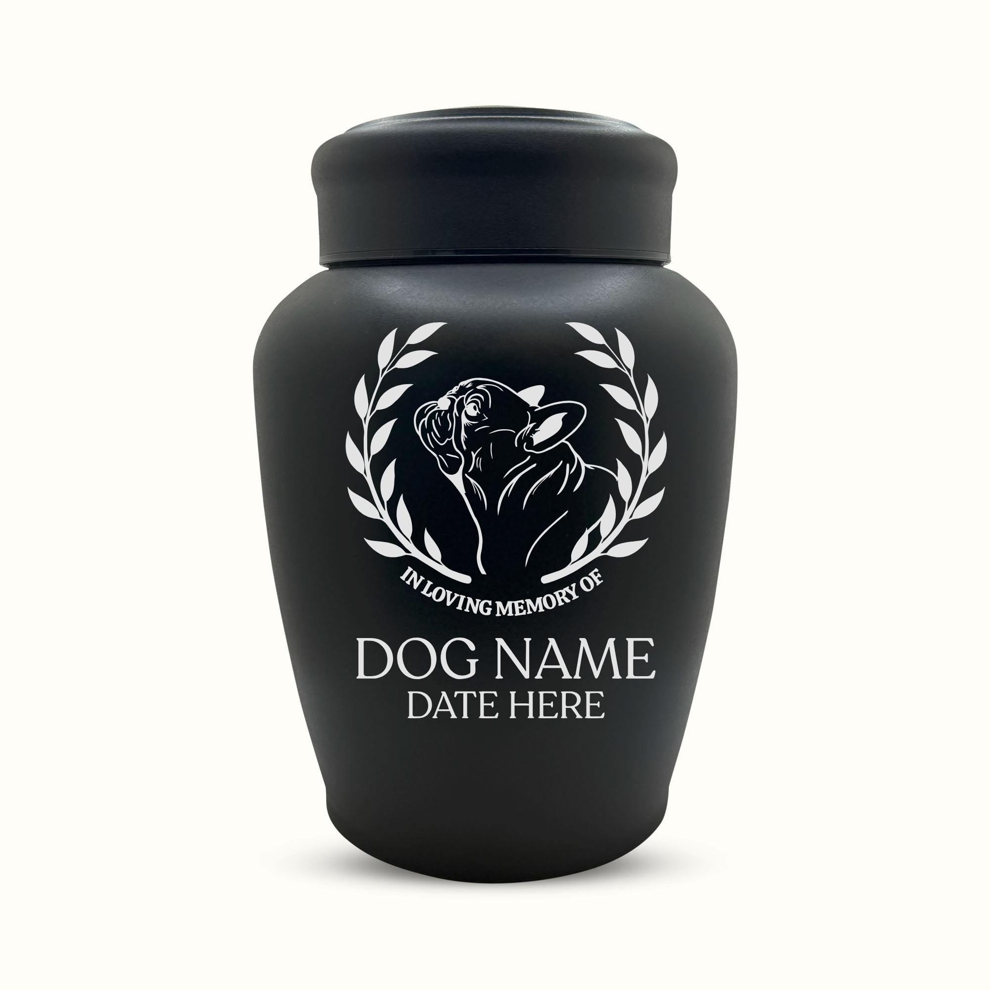 Large Custom Dog Urn – 150 Cubic Inch – Black Stainless Steel | Dog Breed Design