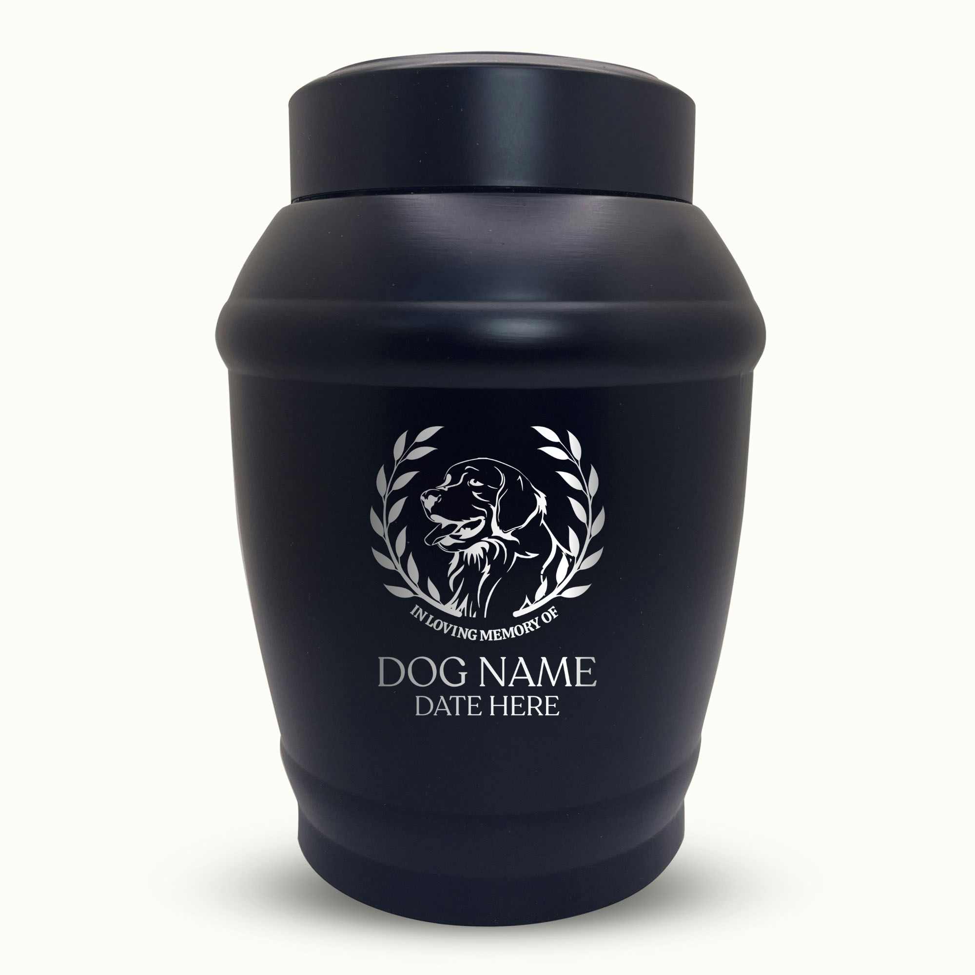 Custom Dog Urn - Standard Size - Stainless Steel - Black - 40 Cubic Inch | Dog Breed