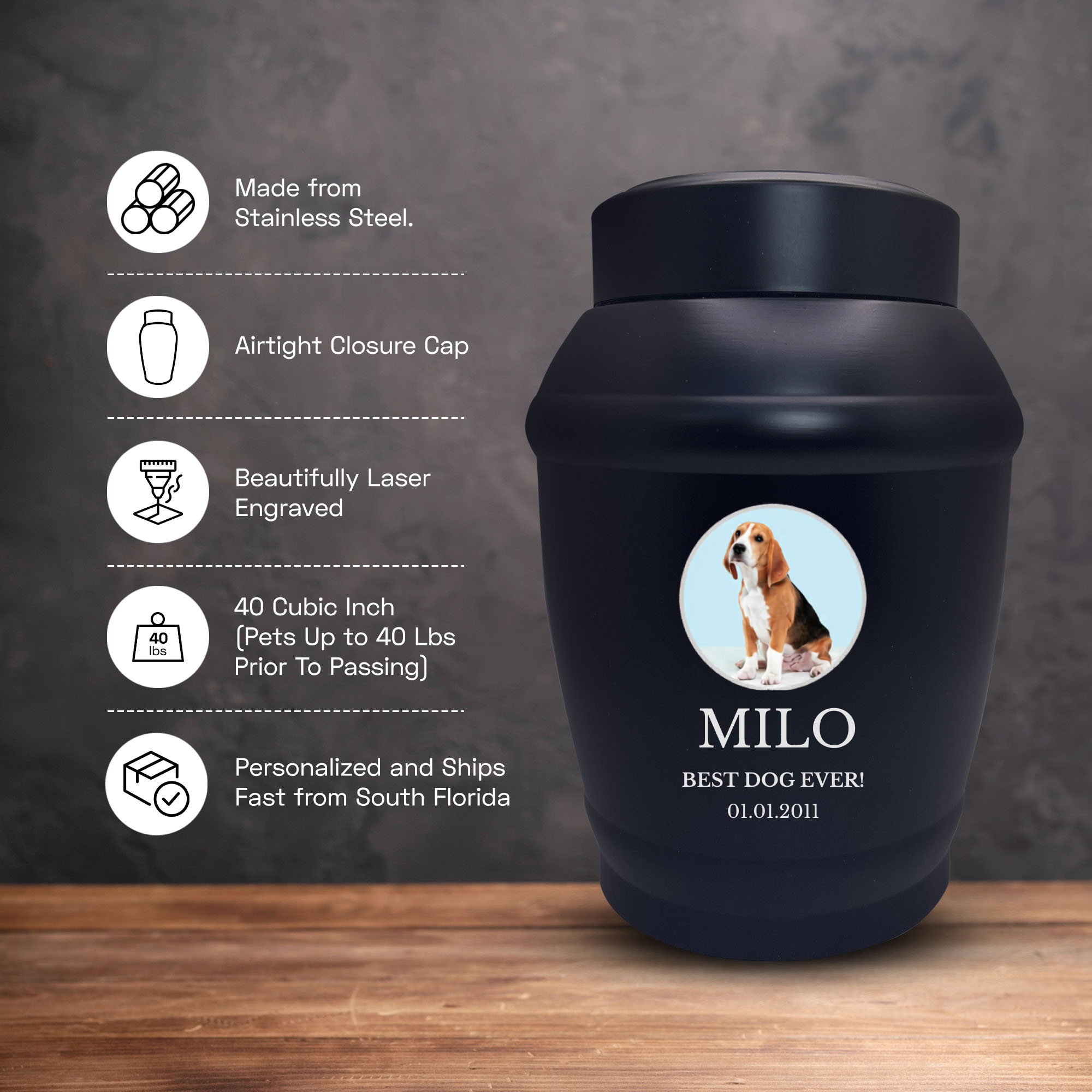 Custom Dog Urn - Standard Size - Stainless Steel - Black - 40 Cubic Inch | Custom Photo