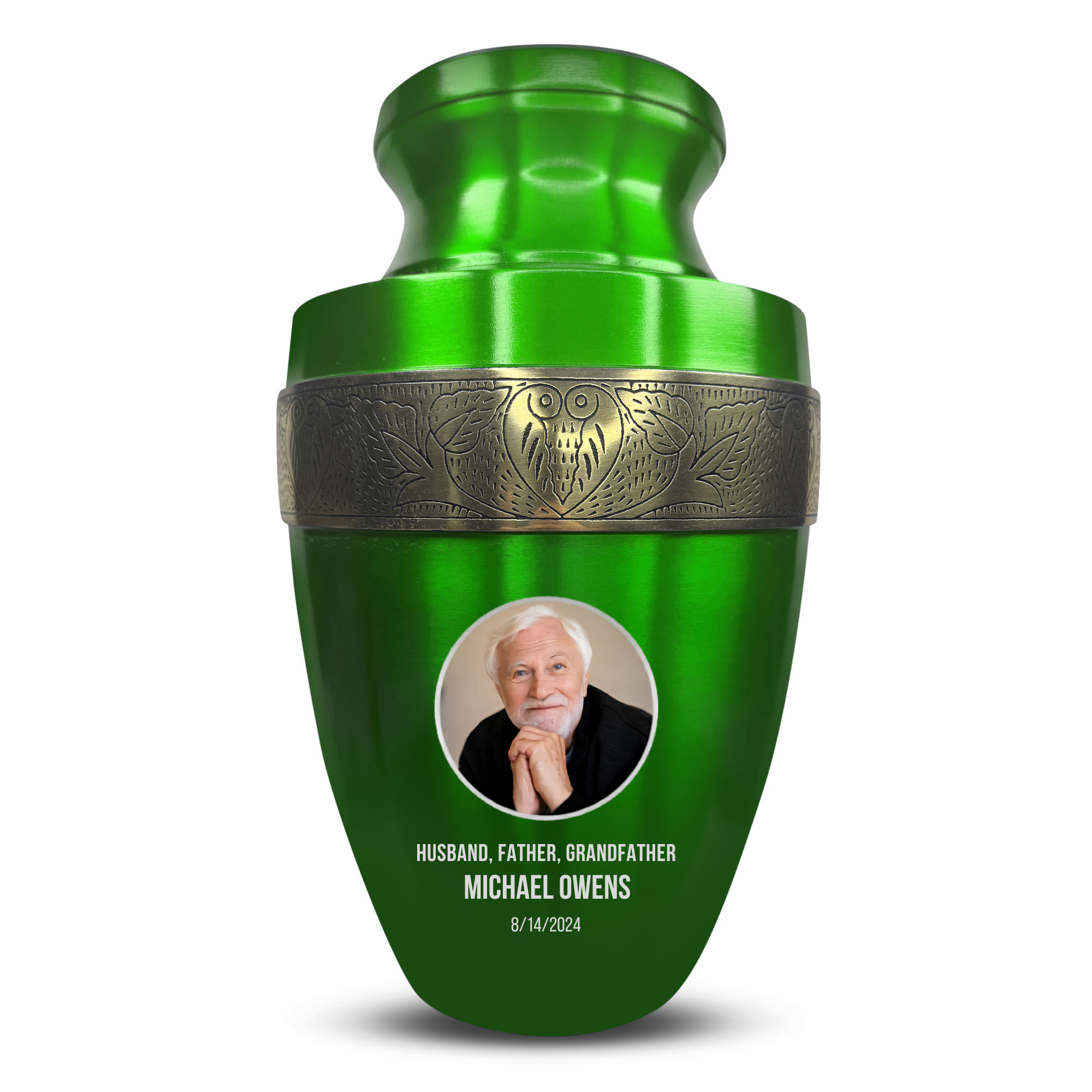 Elite Human Cremation Urn - 200 Cubic Inch - Aluminum with Gold Inlay | Custom Photo