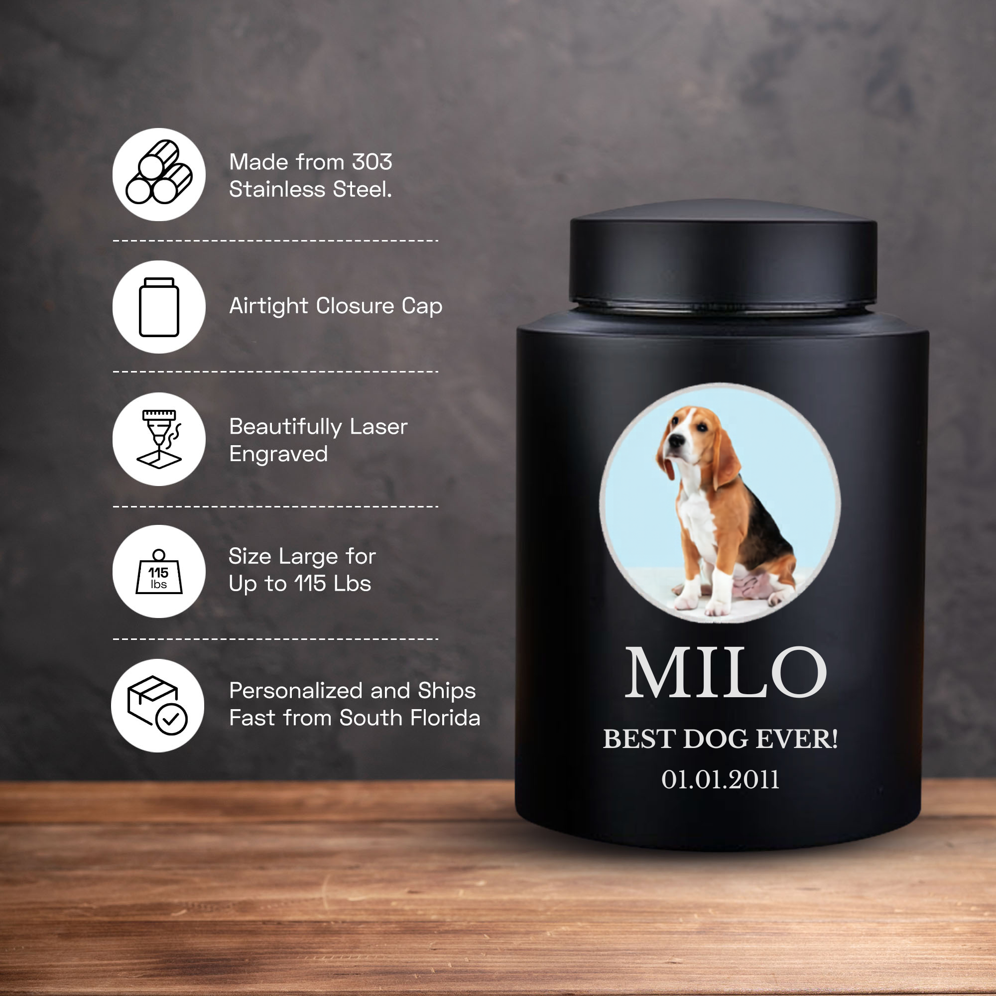 Horizon Dog Cremation Urn – Black Stainless Steel – 115 Cubic Inch | Custom Photo