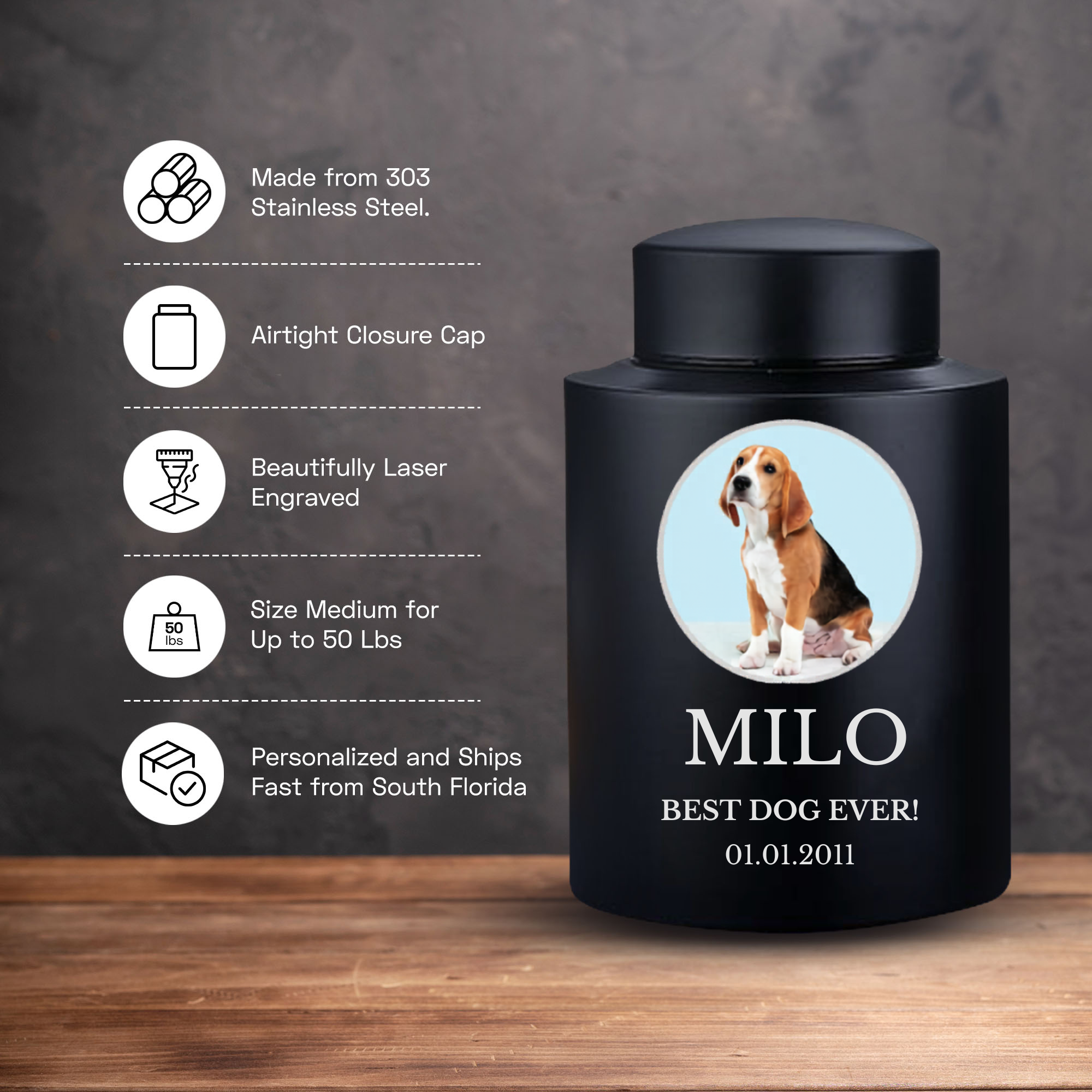 Horizon Dog Cremation Urn – Black Stainless Steel – 50 Cubic Inch | Custom Photo
