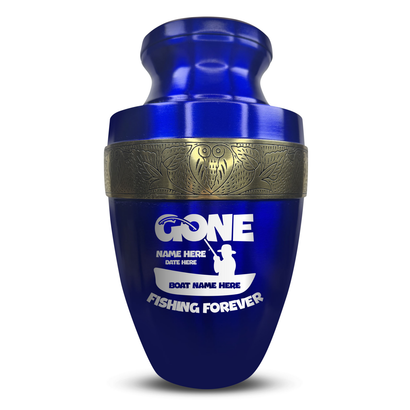 Custom Aluminum Human Urn - Funny Fishing Design - Elite Collection with Gold Inlay - 200 Cubic Inch