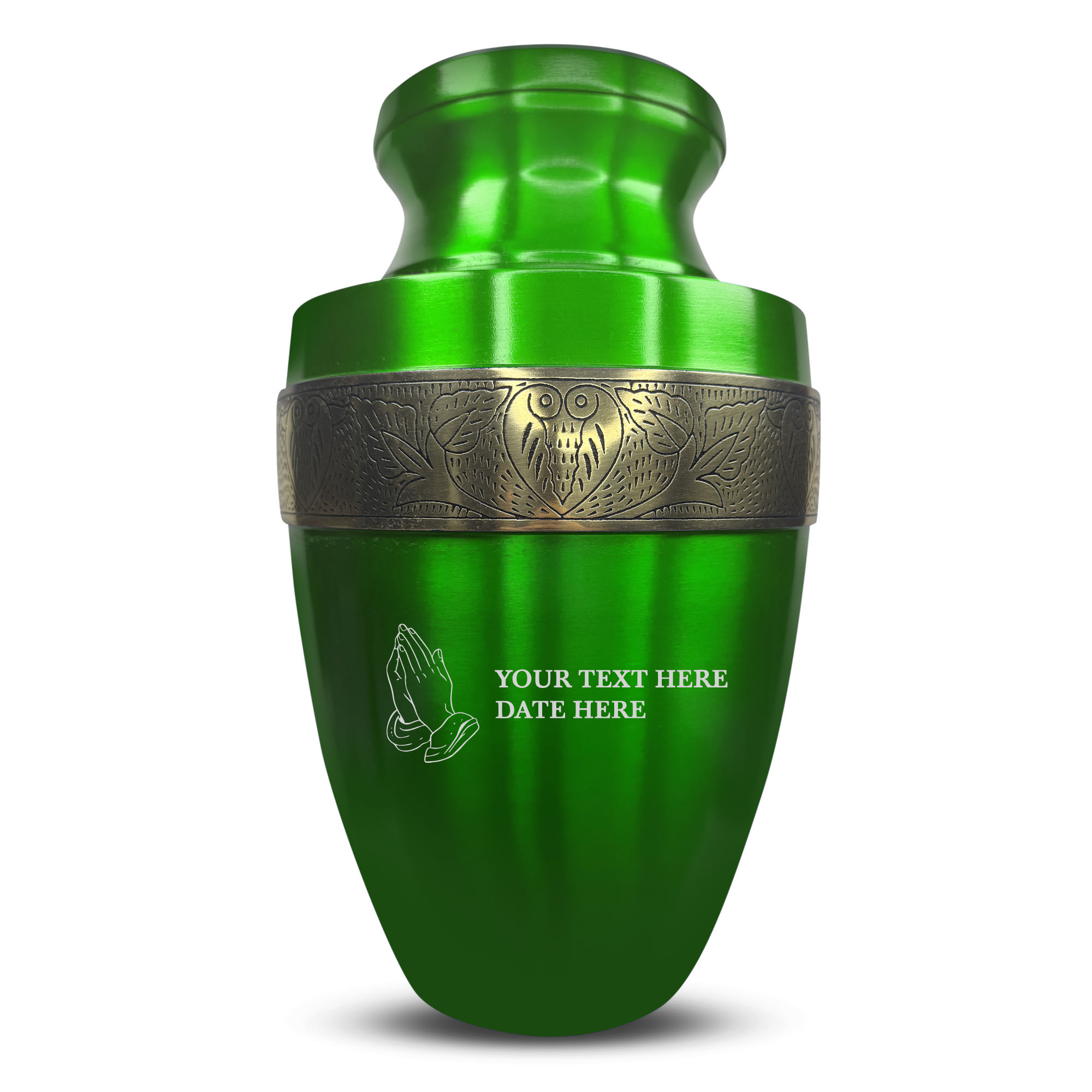 Elite Human Cremation Urn – 200 Cubic Inch – Aluminum with Gold Inlay | Praying Hands