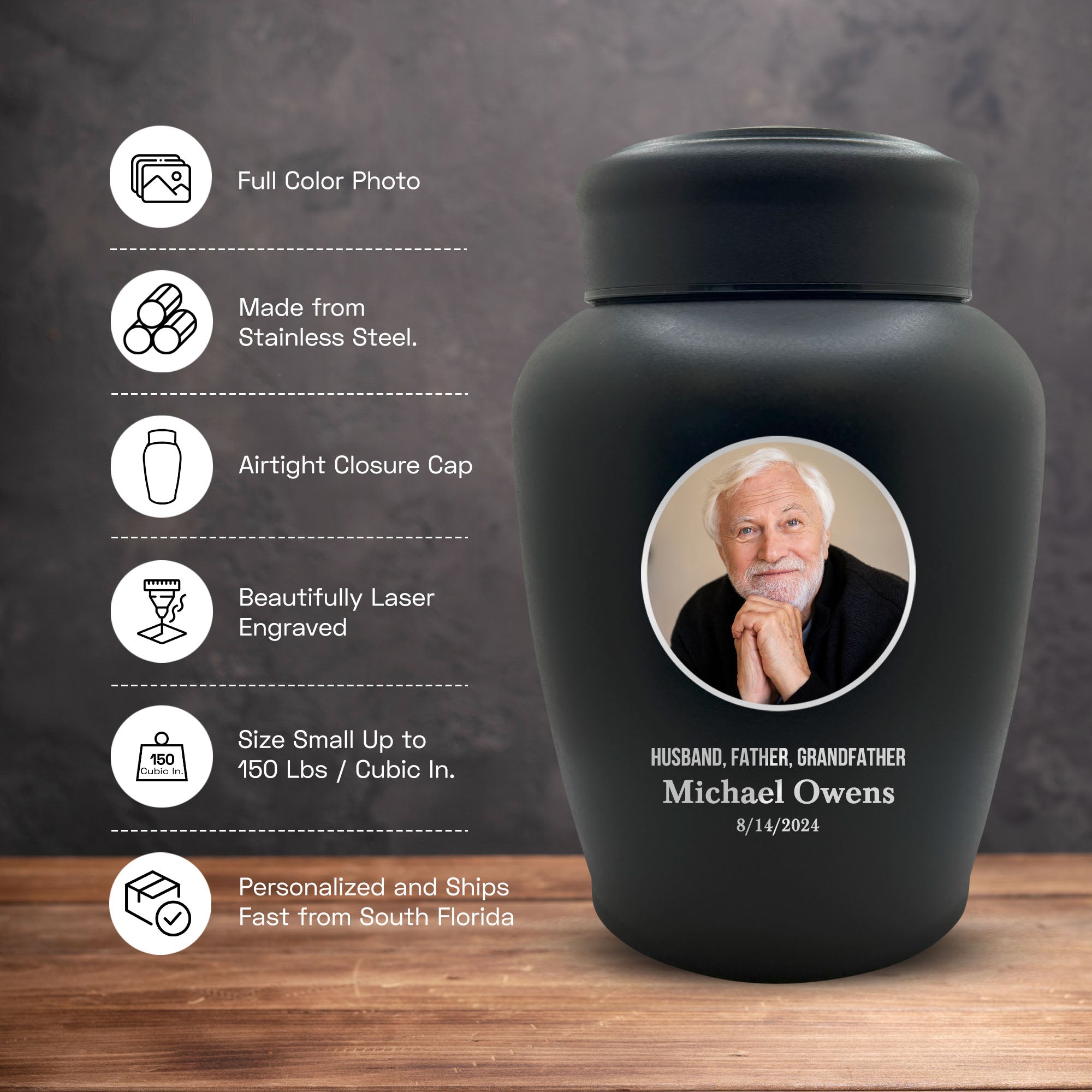 Personalized Custom Photo Human Cremation Urn for Adult Ashes Engraved Stainless Steel Urn Vessel with Full Color Photo | 8.2" x 6.5" Urn for Human Remains Up to 150 Lbs | Black