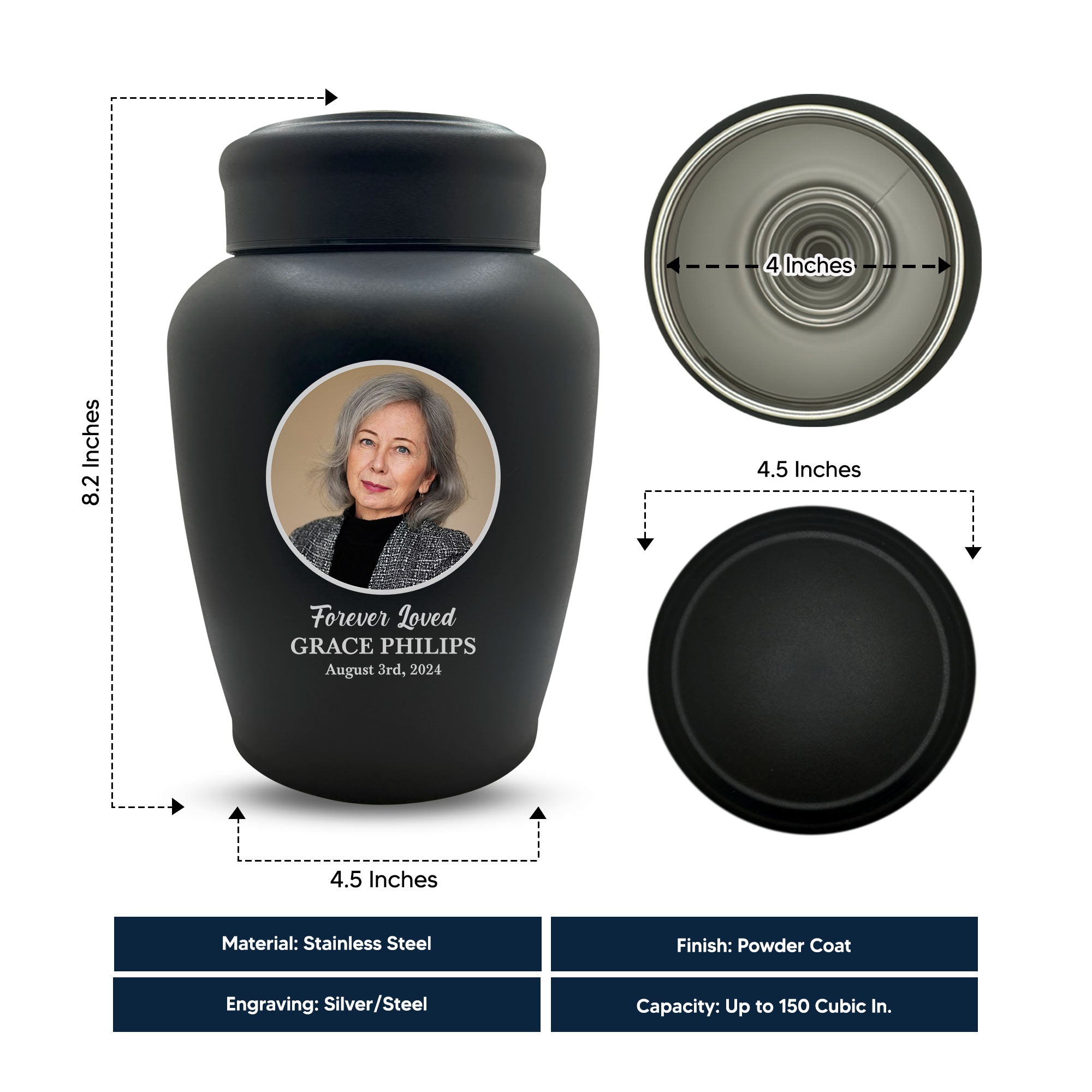 Personalized Custom Photo Human Cremation Urn for Adult Ashes Engraved Stainless Steel Urn Vessel with Full Color Photo | 8.2" x 6.5" Urn for Human Remains Up to 150 Lbs | Black