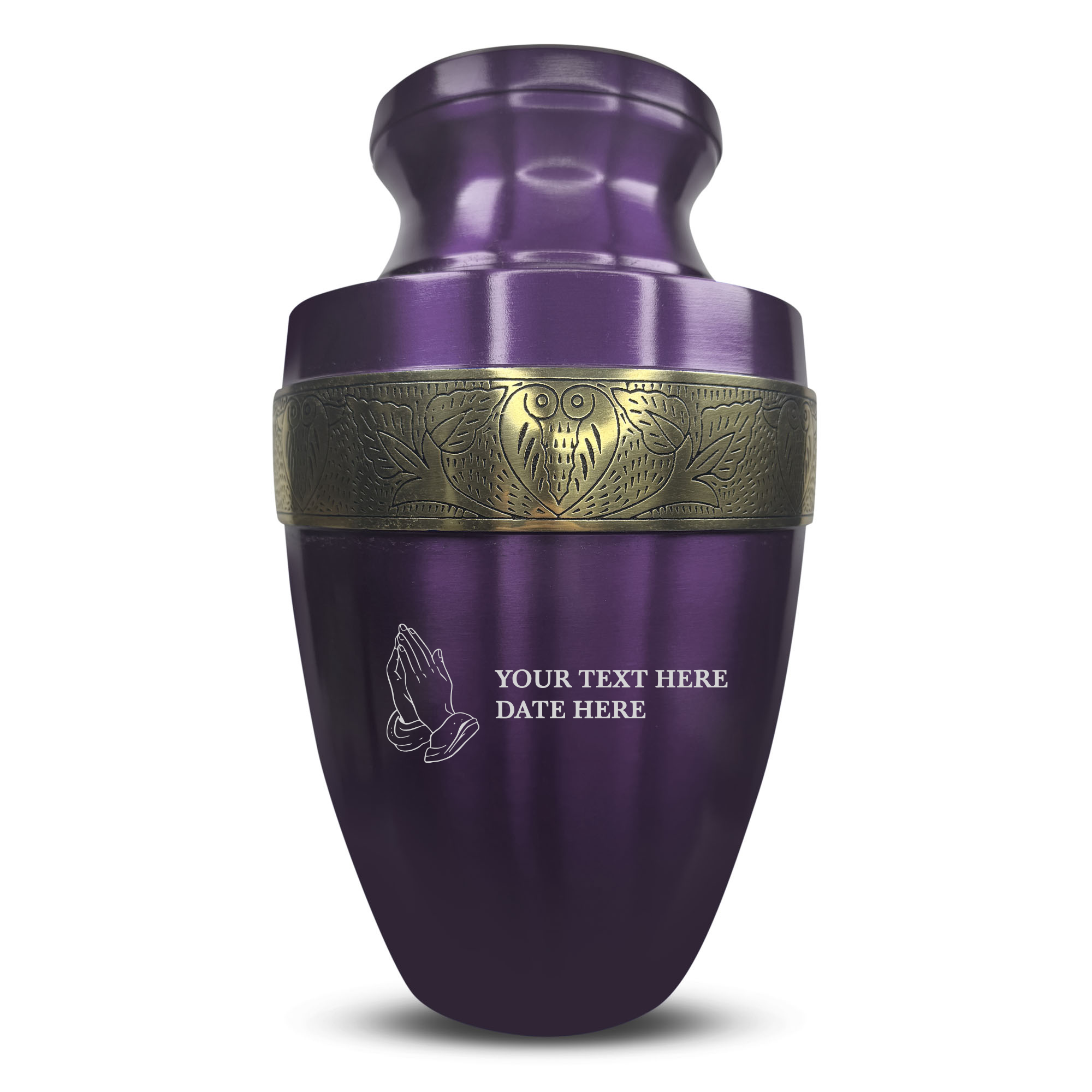 Elite Human Cremation Urn – 200 Cubic Inch – Aluminum with Gold Inlay | Praying Hands