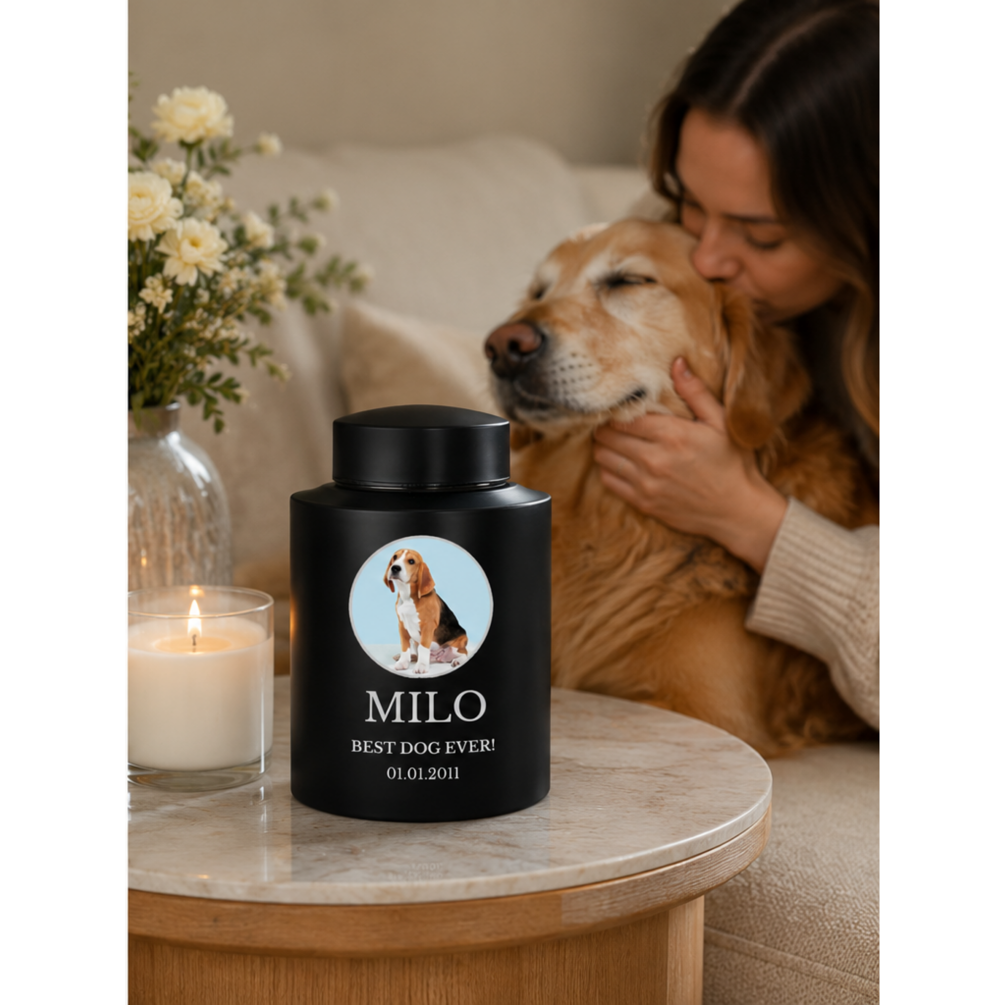 Horizon Dog Cremation Urn – Black Stainless Steel – 50 Cubic Inch | Custom Photo