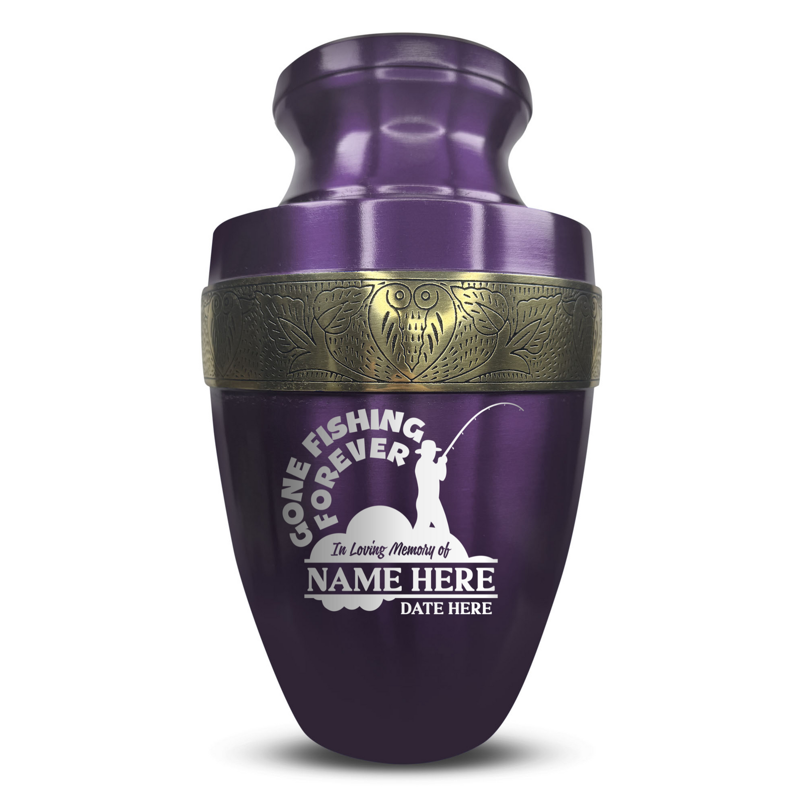 Custom Aluminum Human Urn - Funny Fishing Design - Elite Collection with Gold Inlay - 200 Cubic Inch