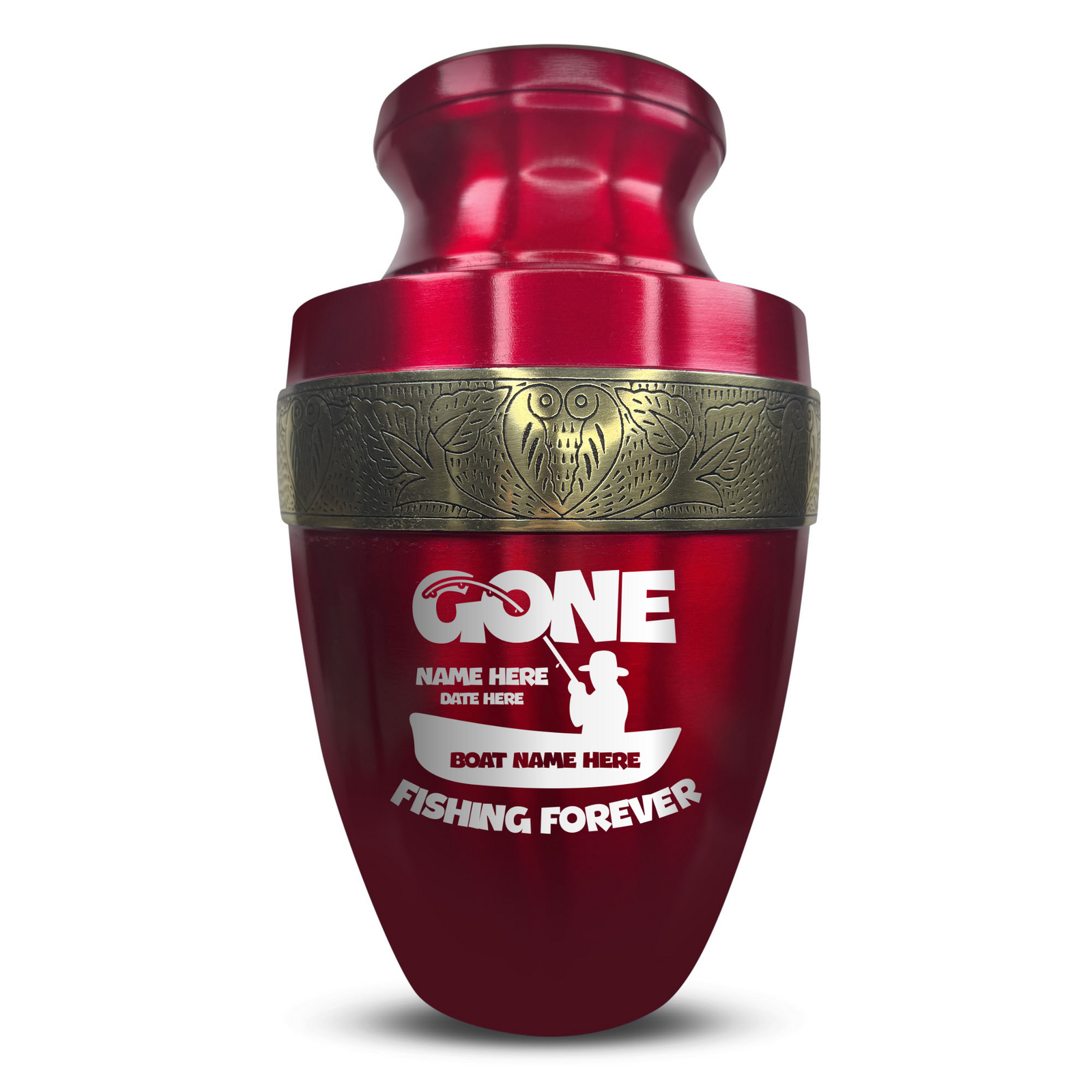 Custom Aluminum Human Urn - Funny Fishing Design - Elite Collection with Gold Inlay - 200 Cubic Inch
