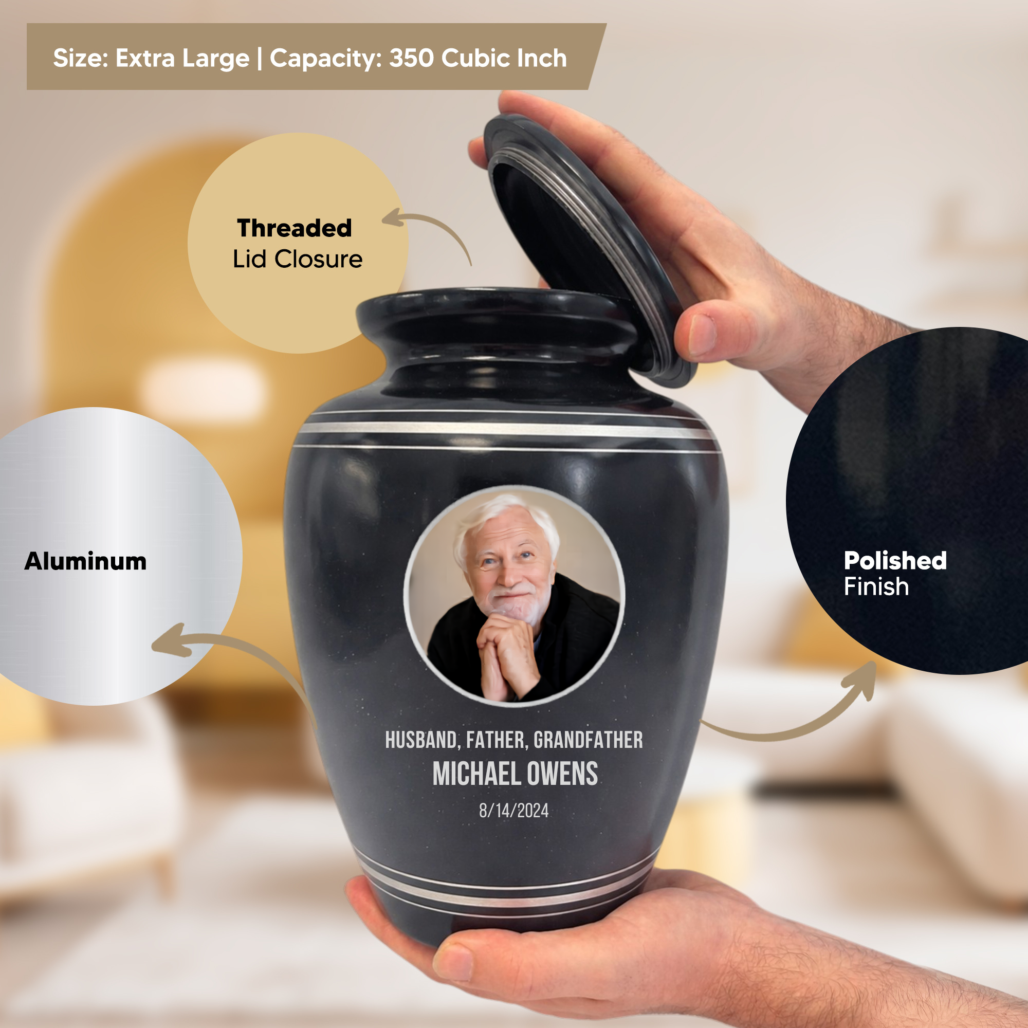 Extra Large Human Cremation Urn - 350 Cubic Inch - Black Spotted Finish with Silver Rim | Custom Photo