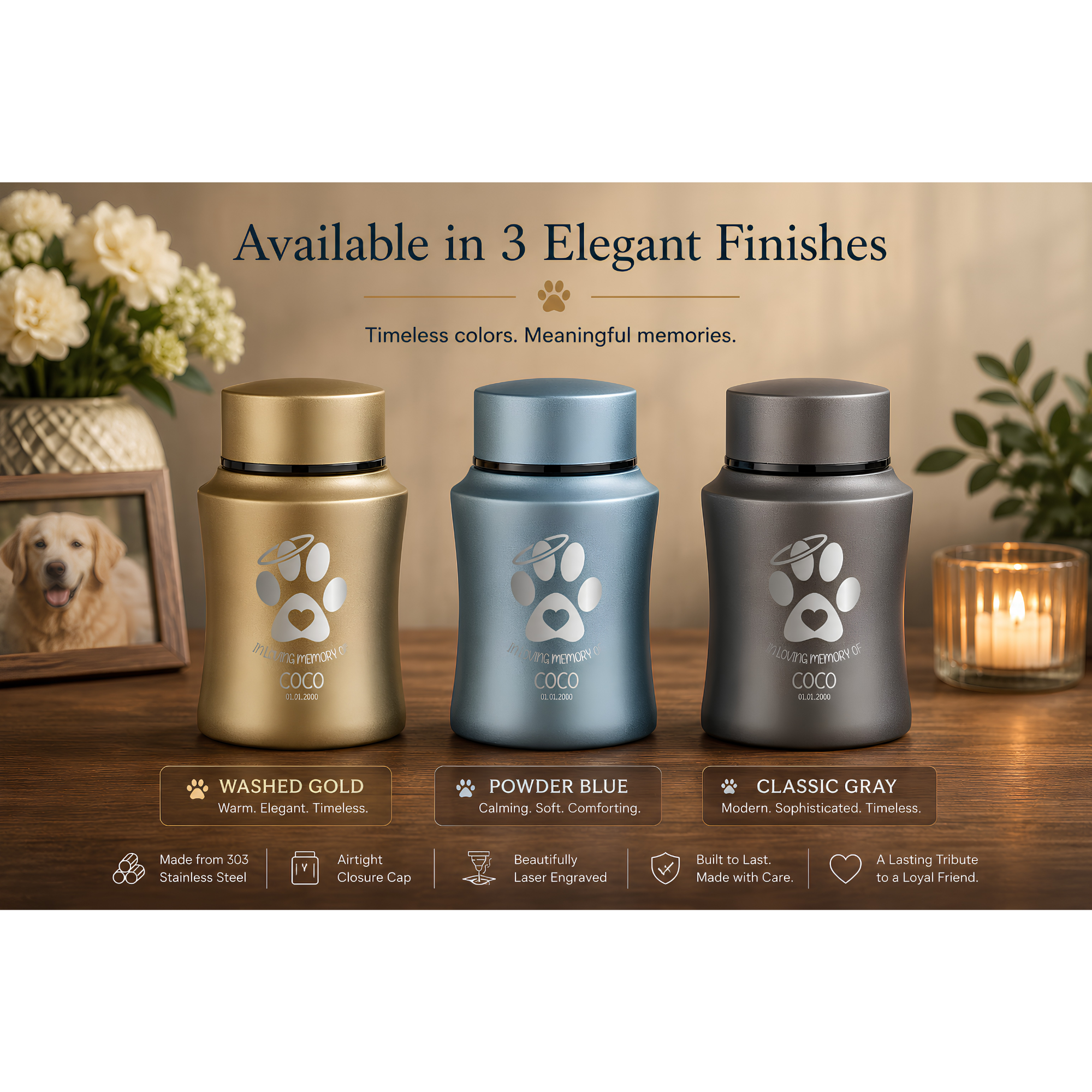 Prestige Pet Cremation Urn – Powder Coated Stainless Steel – 10 lb Capacity | Memorial Theme