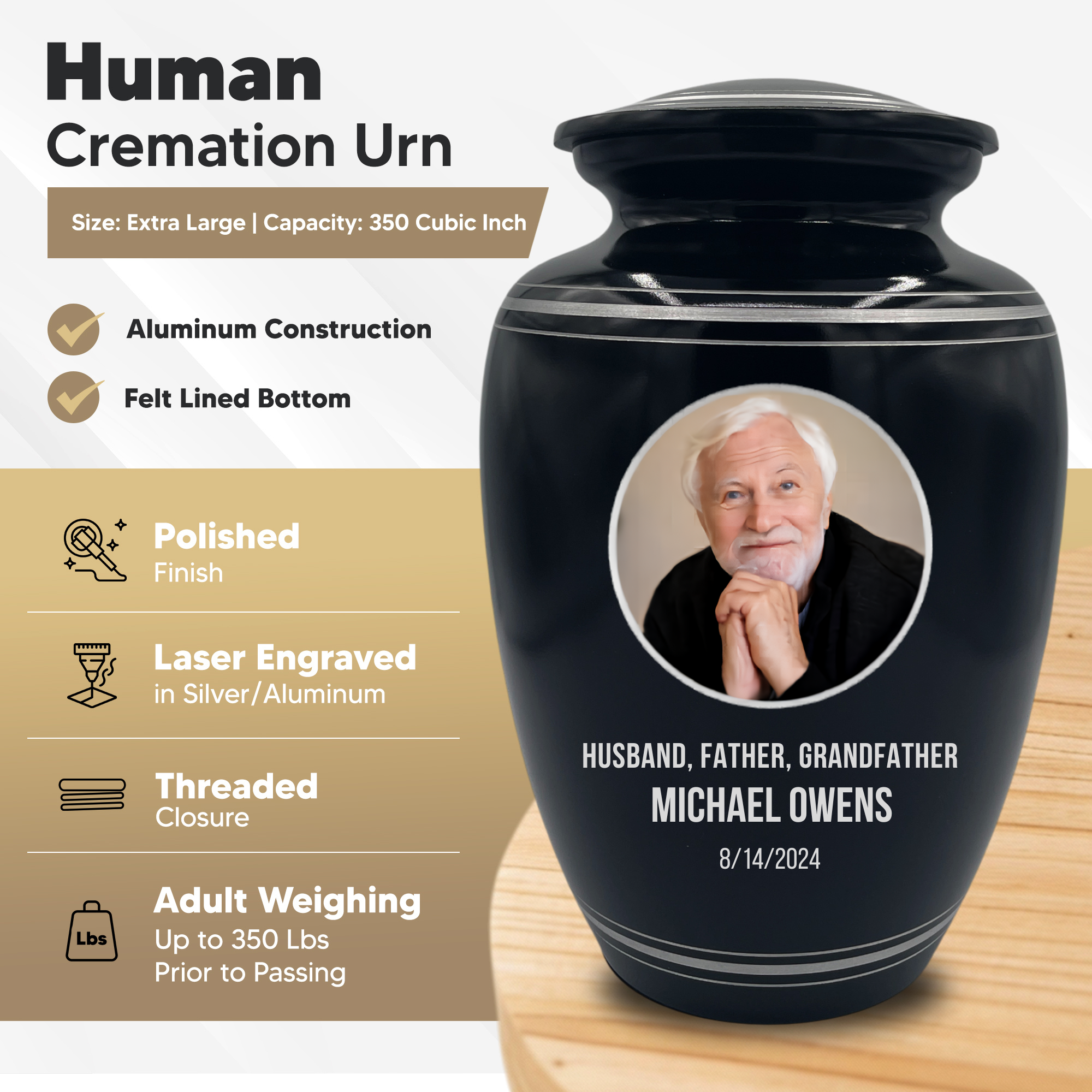 Human Cremation Urn - 350 Cubic Inch Capacity - Black with Silver Rim | Custom Photo