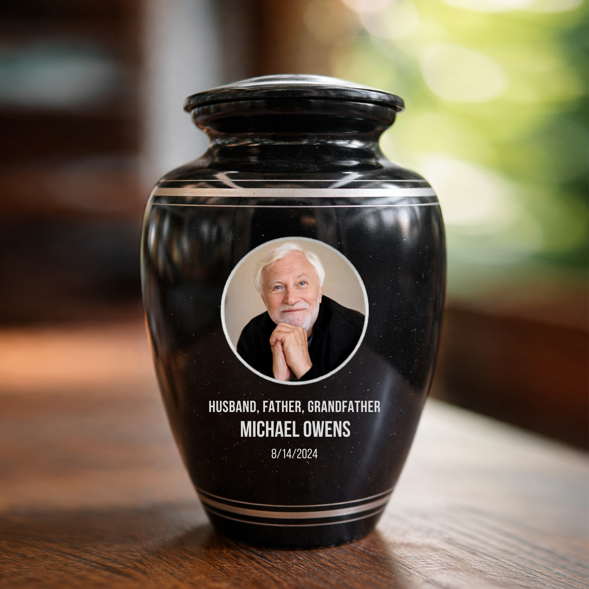 Extra Large Human Cremation Urn - 350 Cubic Inch - Black Spotted Finish with Silver Rim | Custom Photo