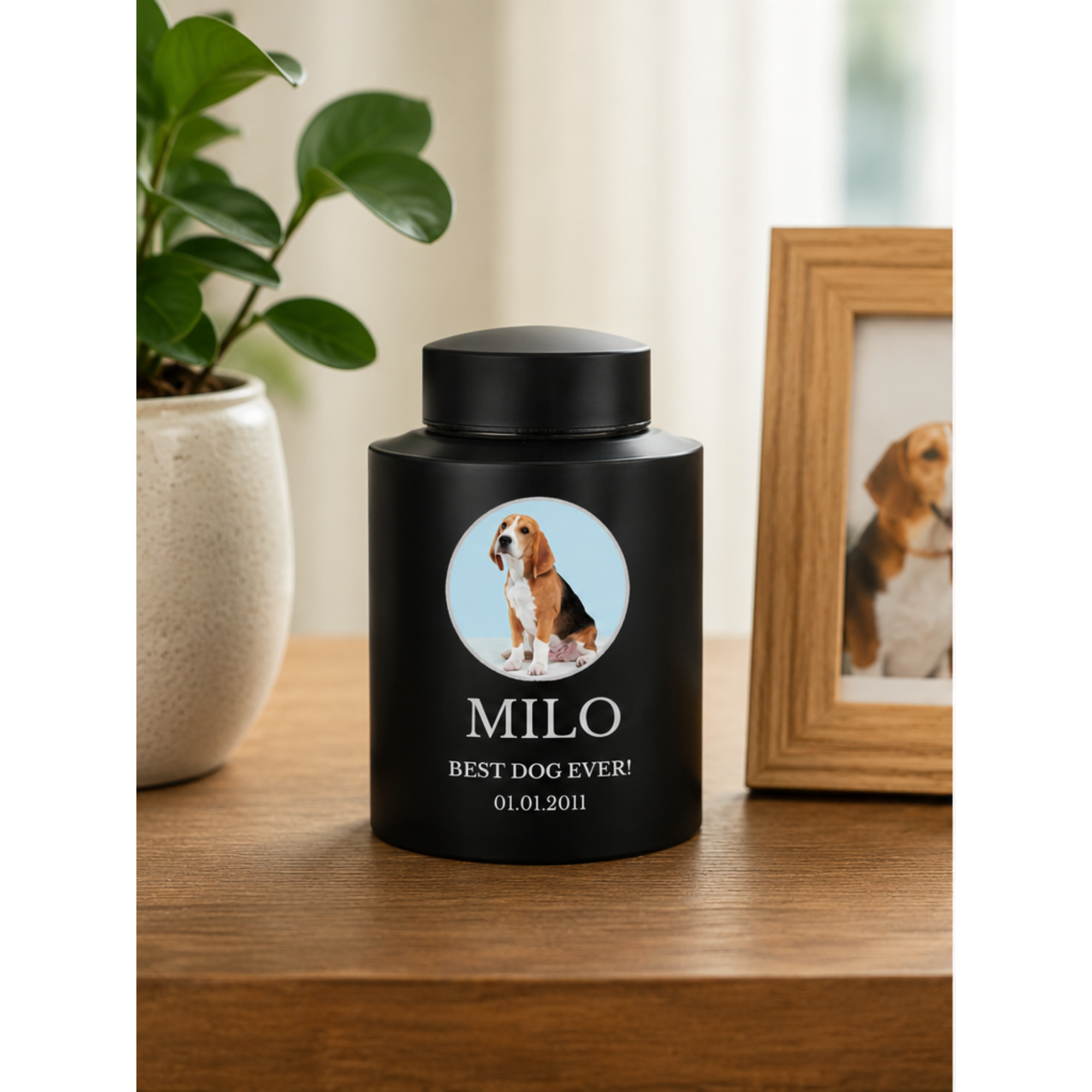 Horizon Dog Cremation Urn – Black Stainless Steel – 50 Cubic Inch | Custom Photo