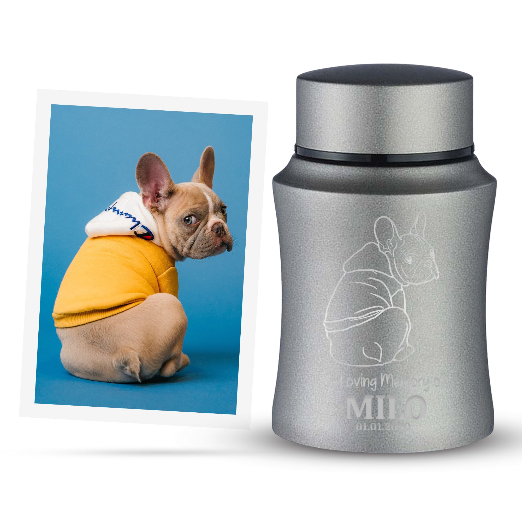 Custom Engraved Pet Photo/Image Pet Memorial Urn - Personalized with Pet Name, Date, and Dog Image - 4" Powder Coated Steel Cremation Mini Compact Urn for Dogs Ashes, Gray | 5–10 Lbs Capacity