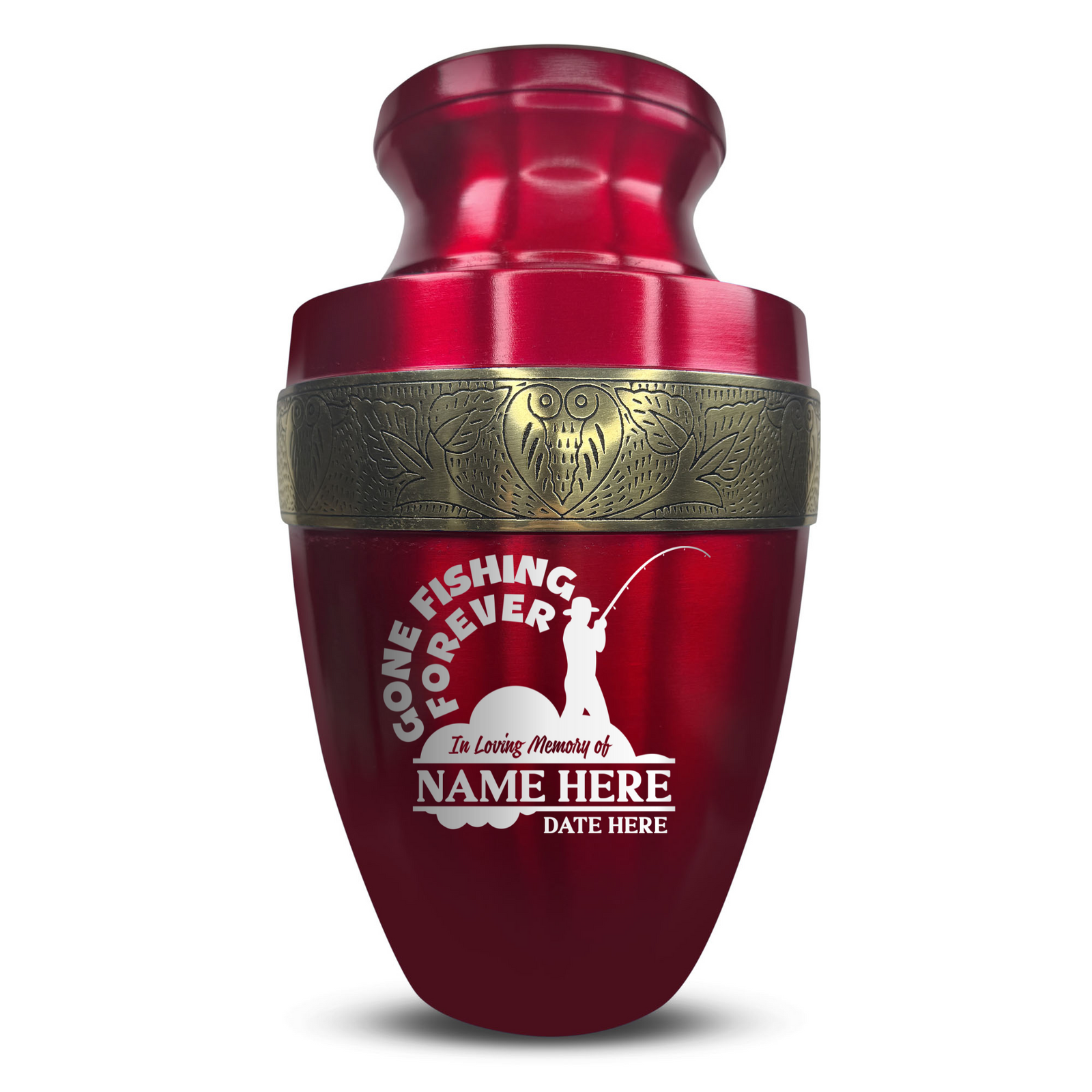Custom Aluminum Human Urn - Funny Fishing Design - Elite Collection with Gold Inlay - 200 Cubic Inch