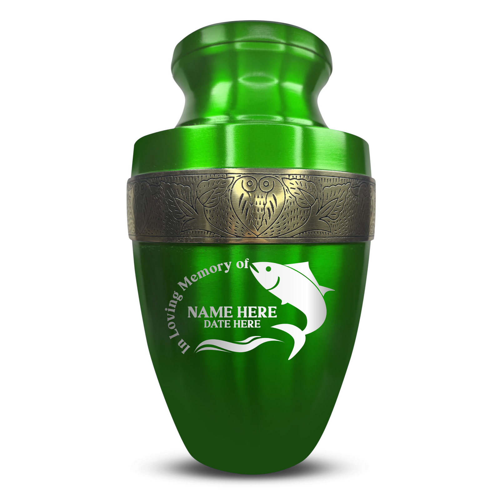 Custom Aluminum Human Urn - Funny Fishing Design - Elite Collection with Gold Inlay - 200 Cubic Inch