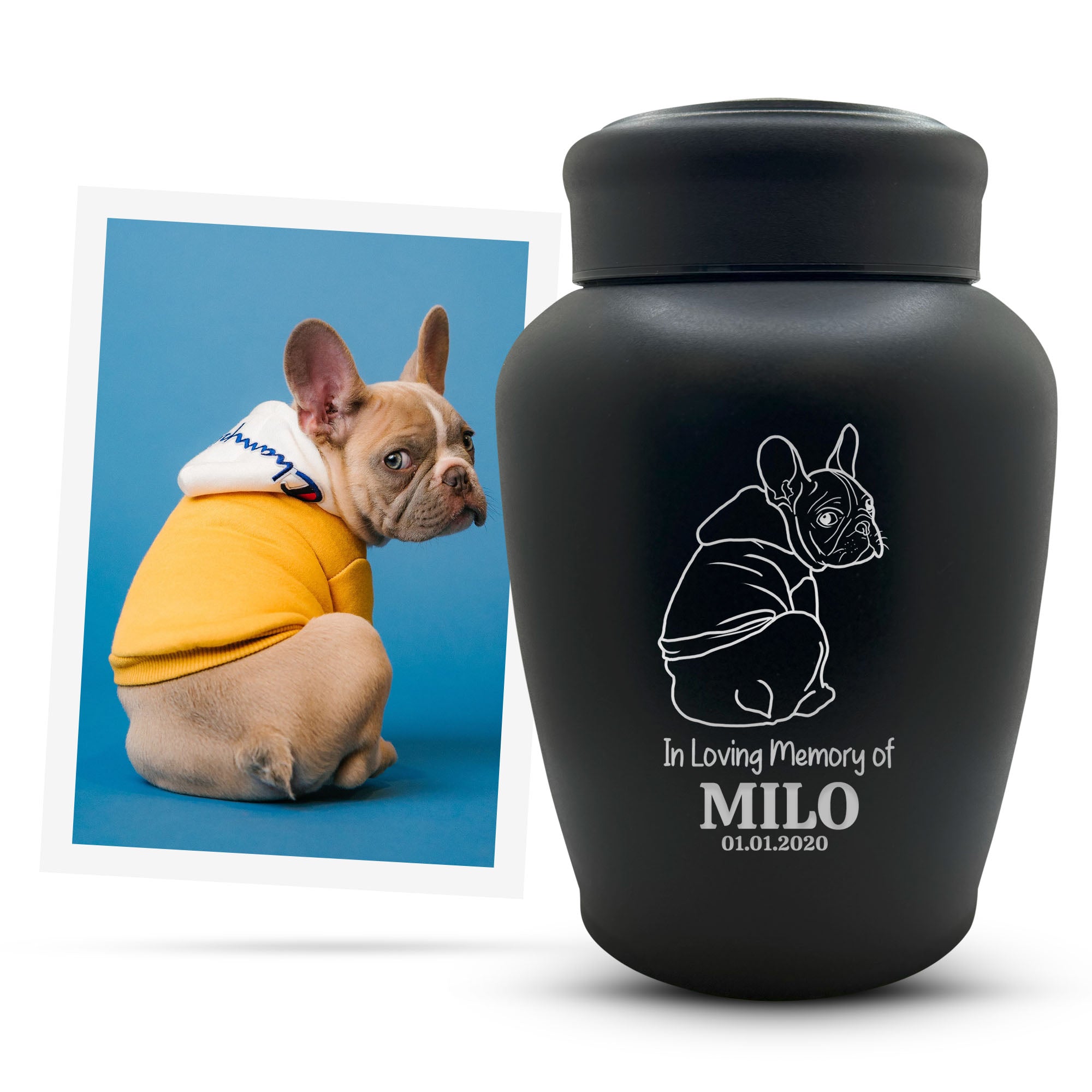 Custom Engraved Large Pet Memorial Dog Urn with Personalized Photo/Image - Large Powder Coated Steel Urns for Dogs Ashes, Pet Size Up to 150 lbs | Name, Date, and Text Engraving Included | Black